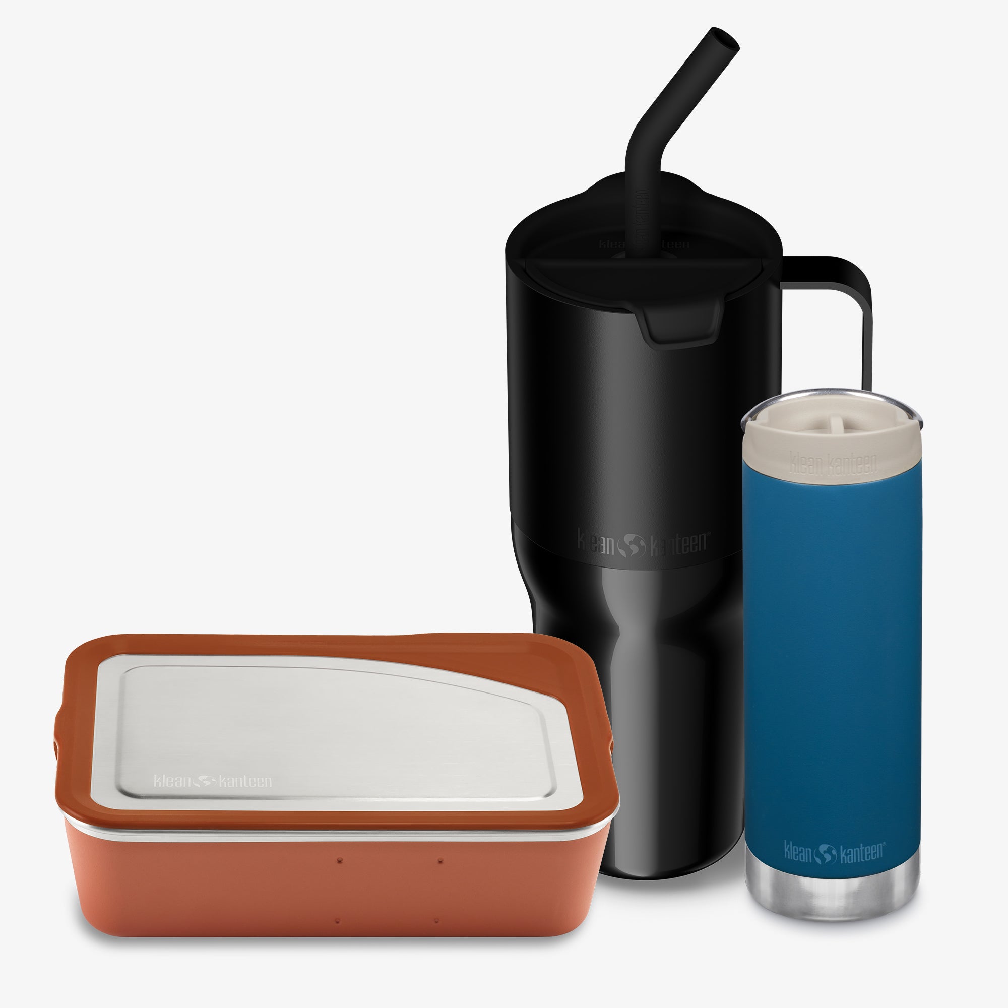 Set of insulated containers including a black tumbler, blue tumbler, and brown container on a white background.