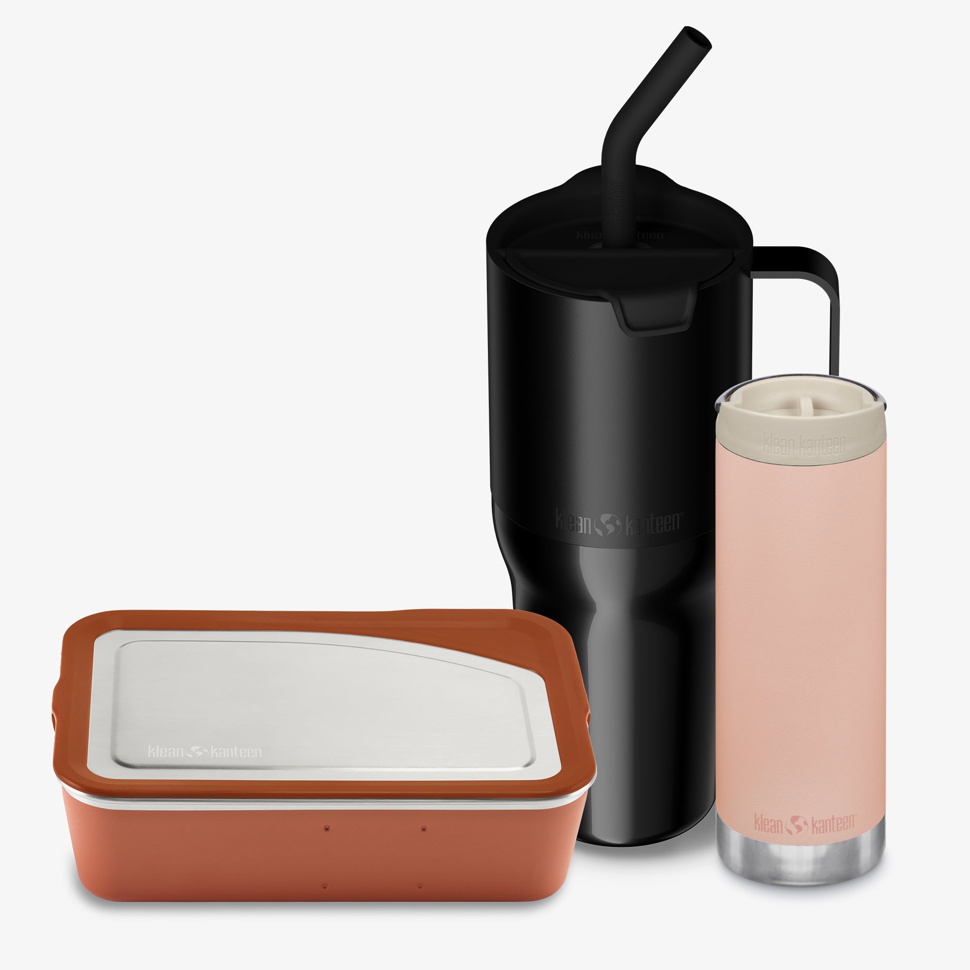 Set of insulated containers including a black tumbler, pink tumbler, and brown container on a white background.