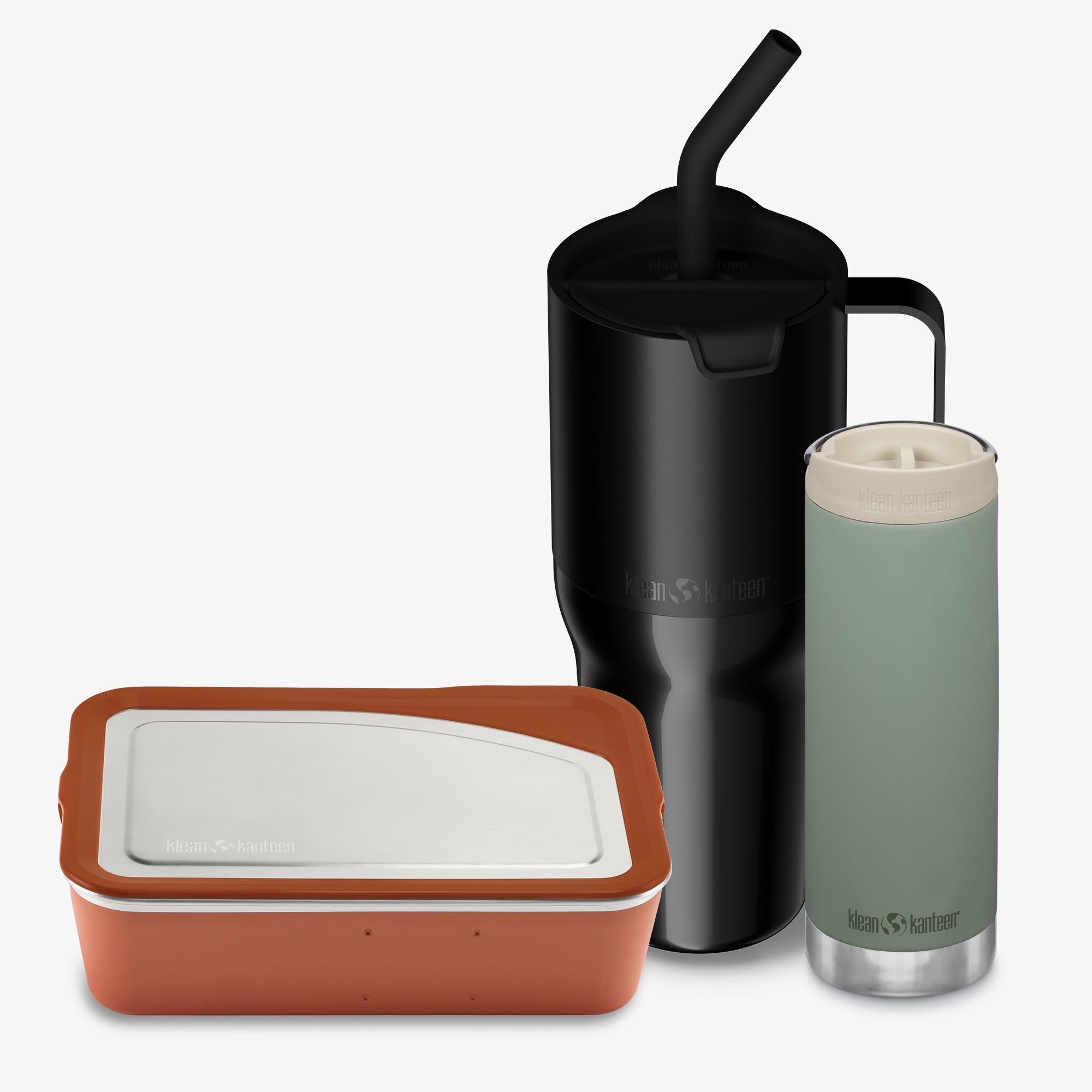 Set of insulated containers and tumblers on a white background