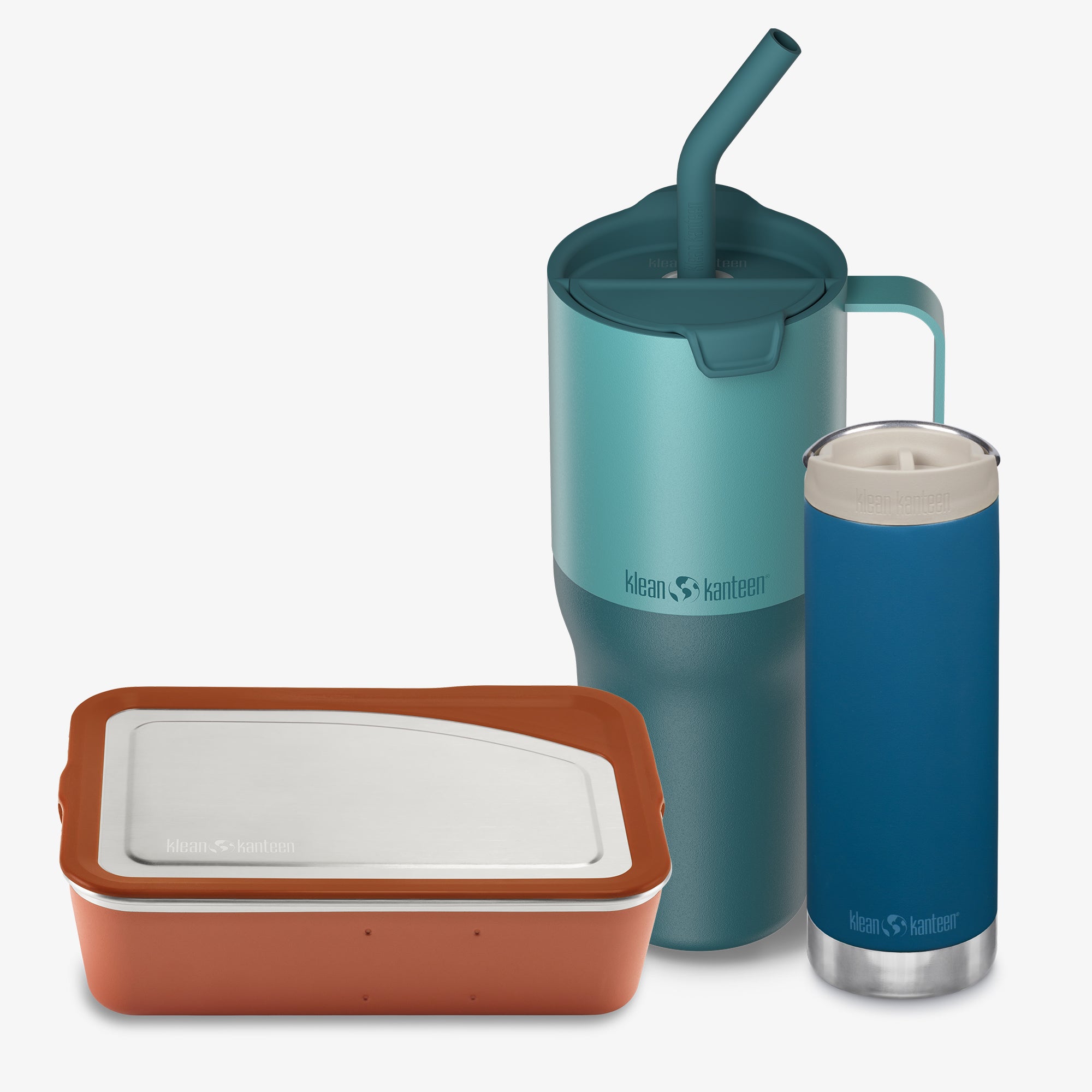 Two insulated containers with a blue tumbler on a white background