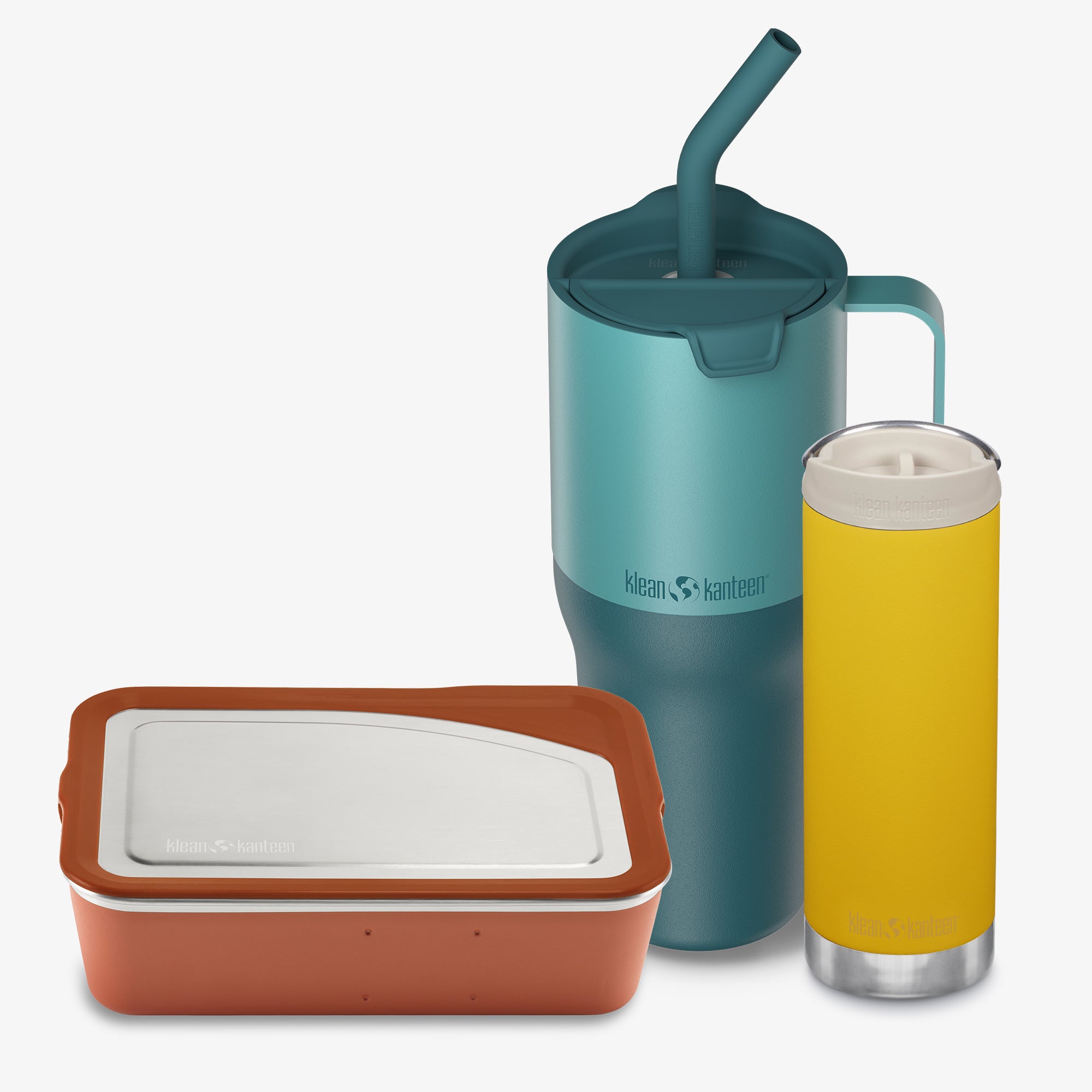 Set of insulated containers with a blue tumbler and yellow glass on a white background