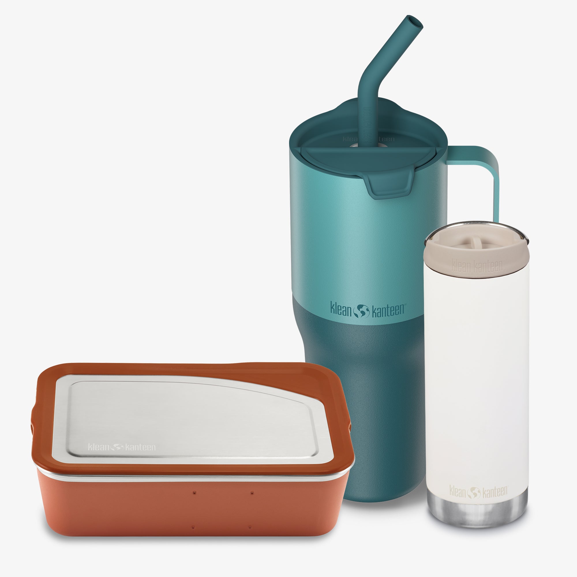 Three reusable containers with a teal tumbler, brown container, and clear container on a white background.