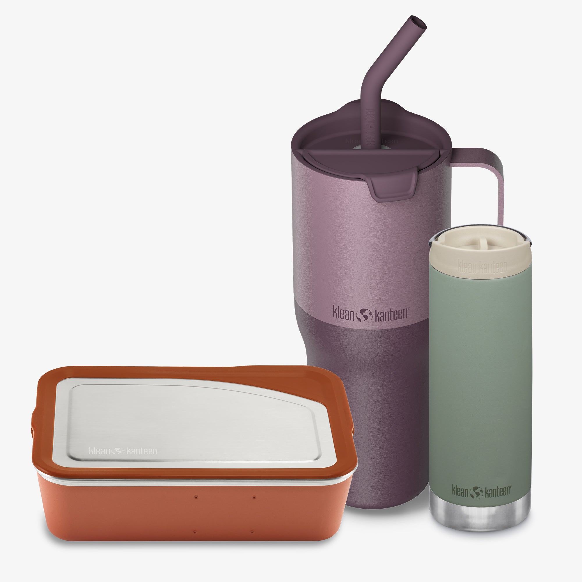 Three Klean Kanteen products including a purple insulated cup with straw, a brown insulated container, and a green insulated bottle on a white background.