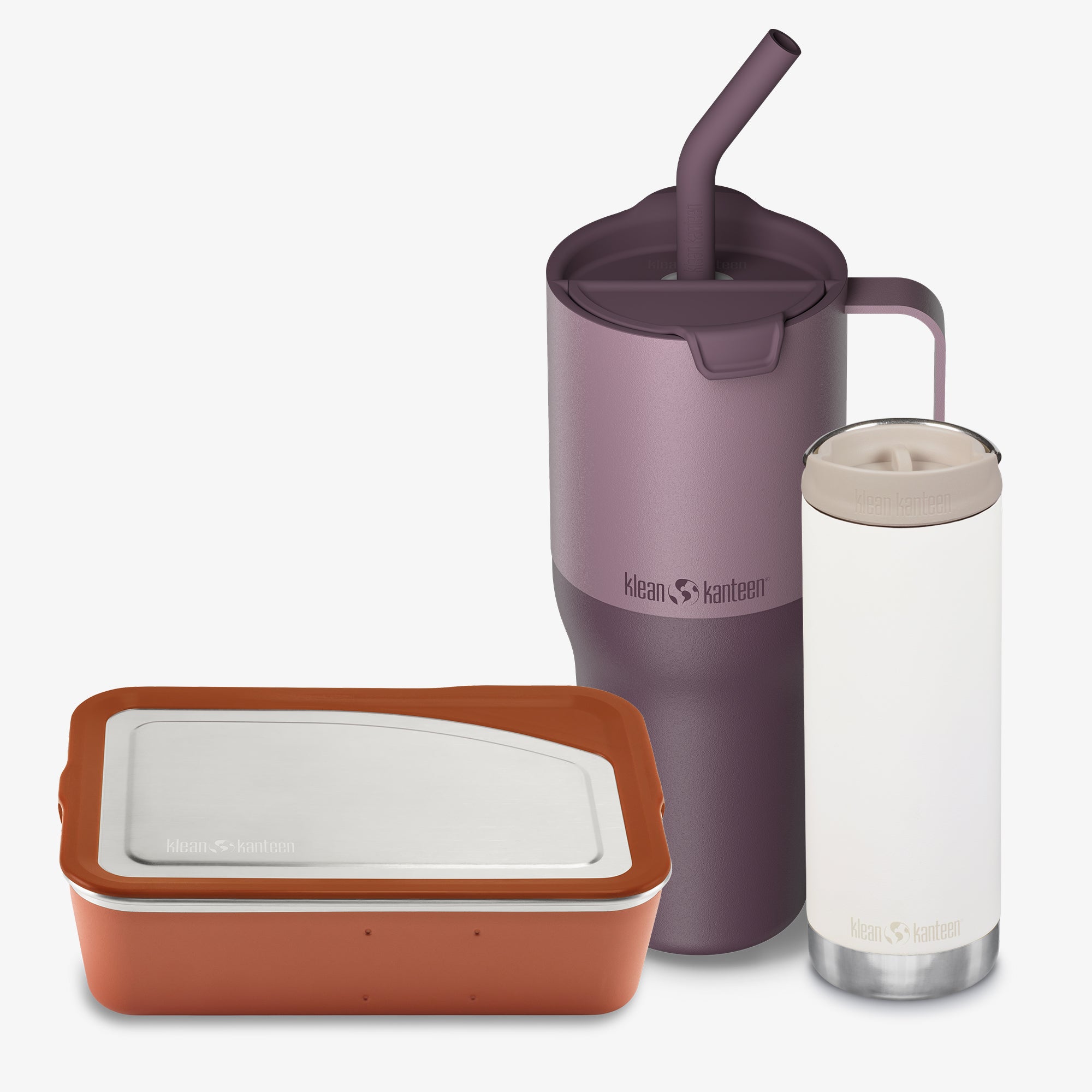 Purple tumbler with straw, brown container with white lid, and clear bottle with beige cap on a white background.