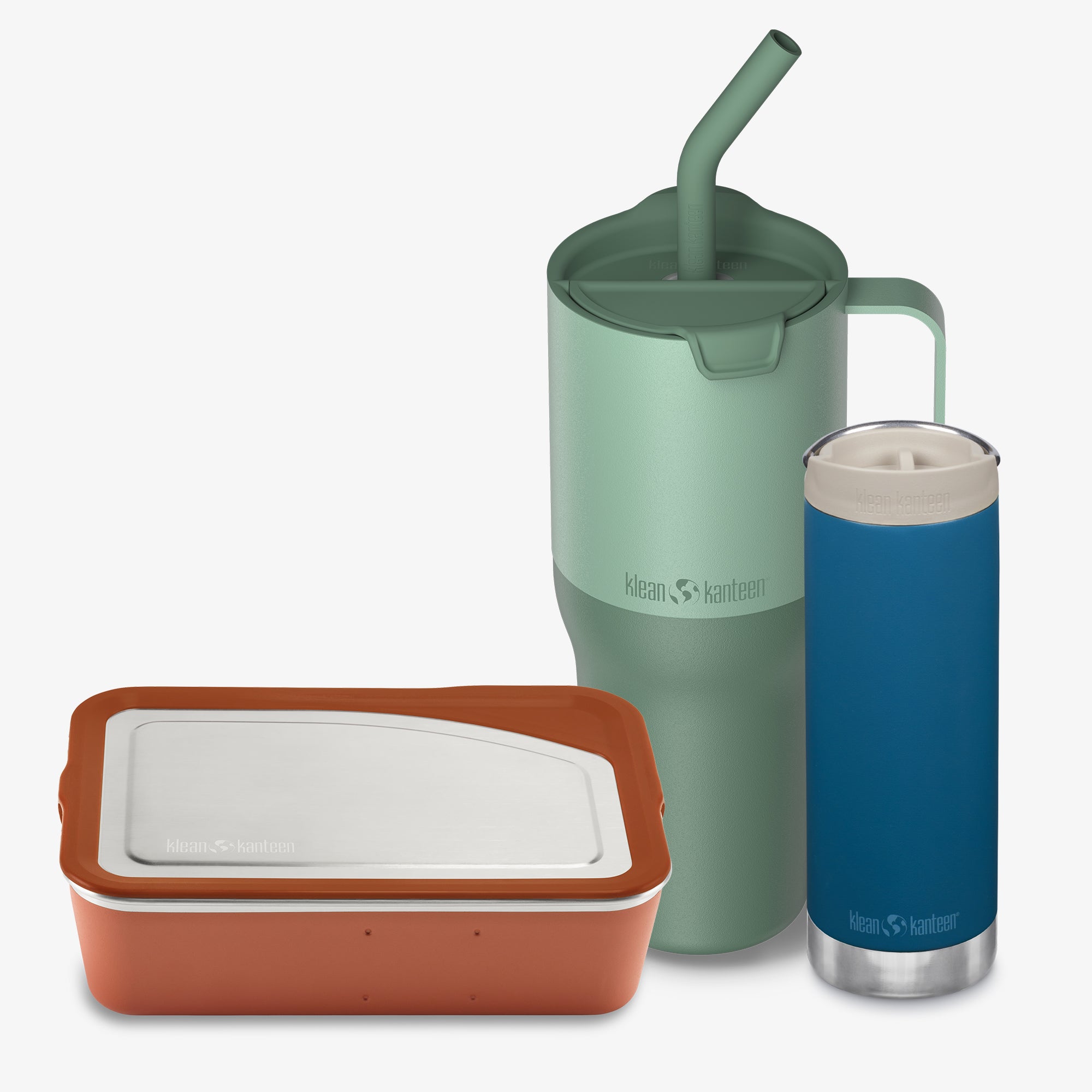 Three insulated containers with different designs on a white background