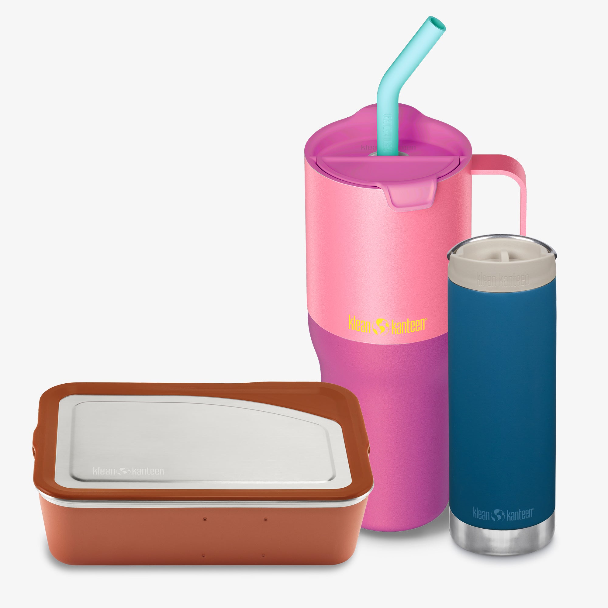 Pink tumbler with straw, brown container, and blue insulated bottle on a white background