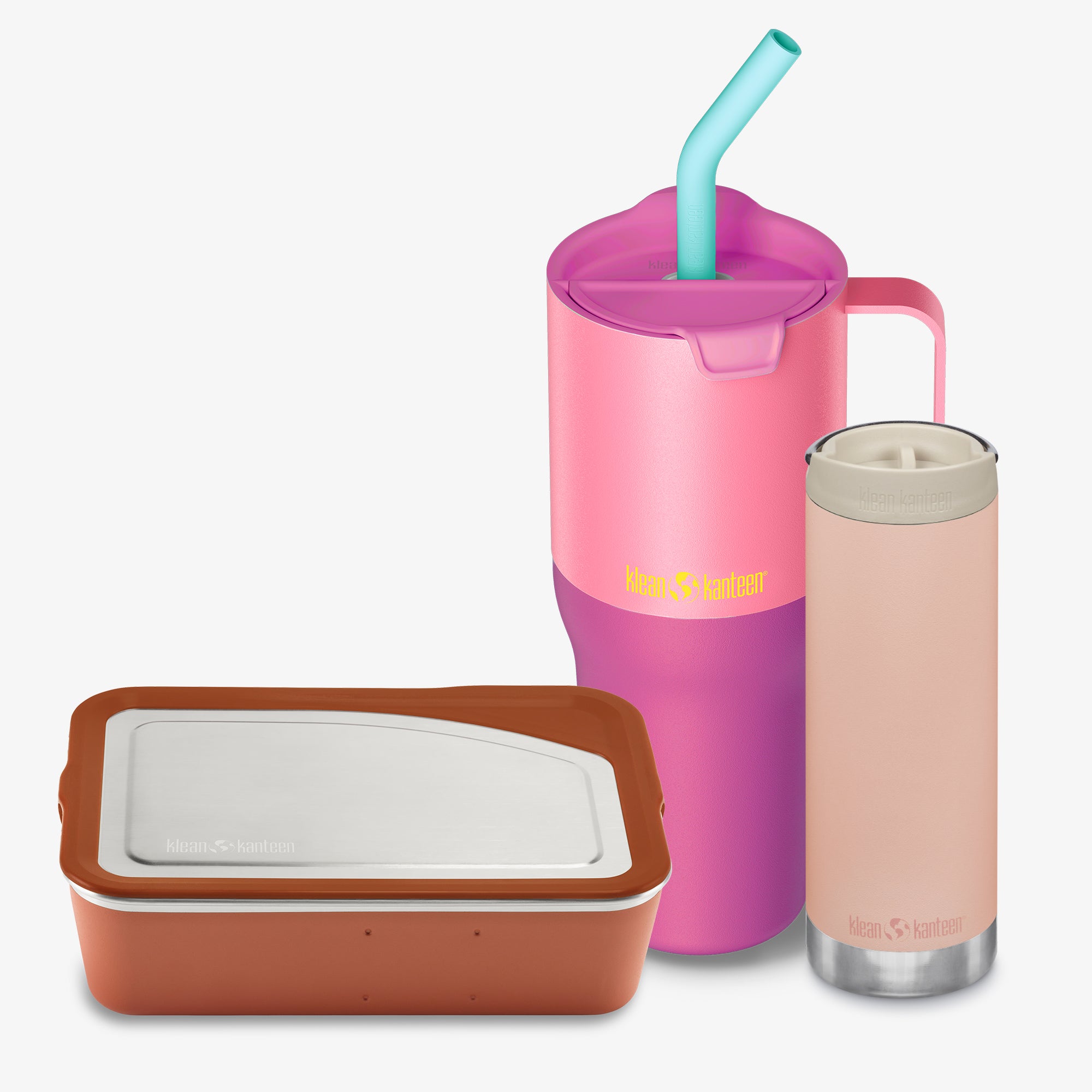 Pink tumbler with straw, brown container, and pink insulated cup on a white background
