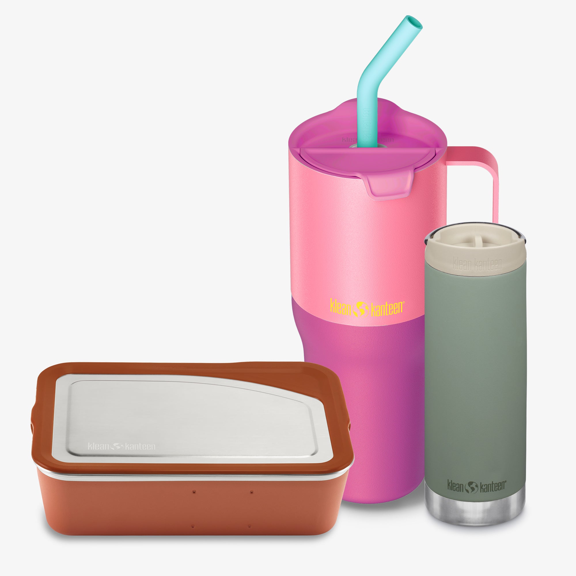 Pink tumbler with straw, brown container, and gray insulated cup on a white background