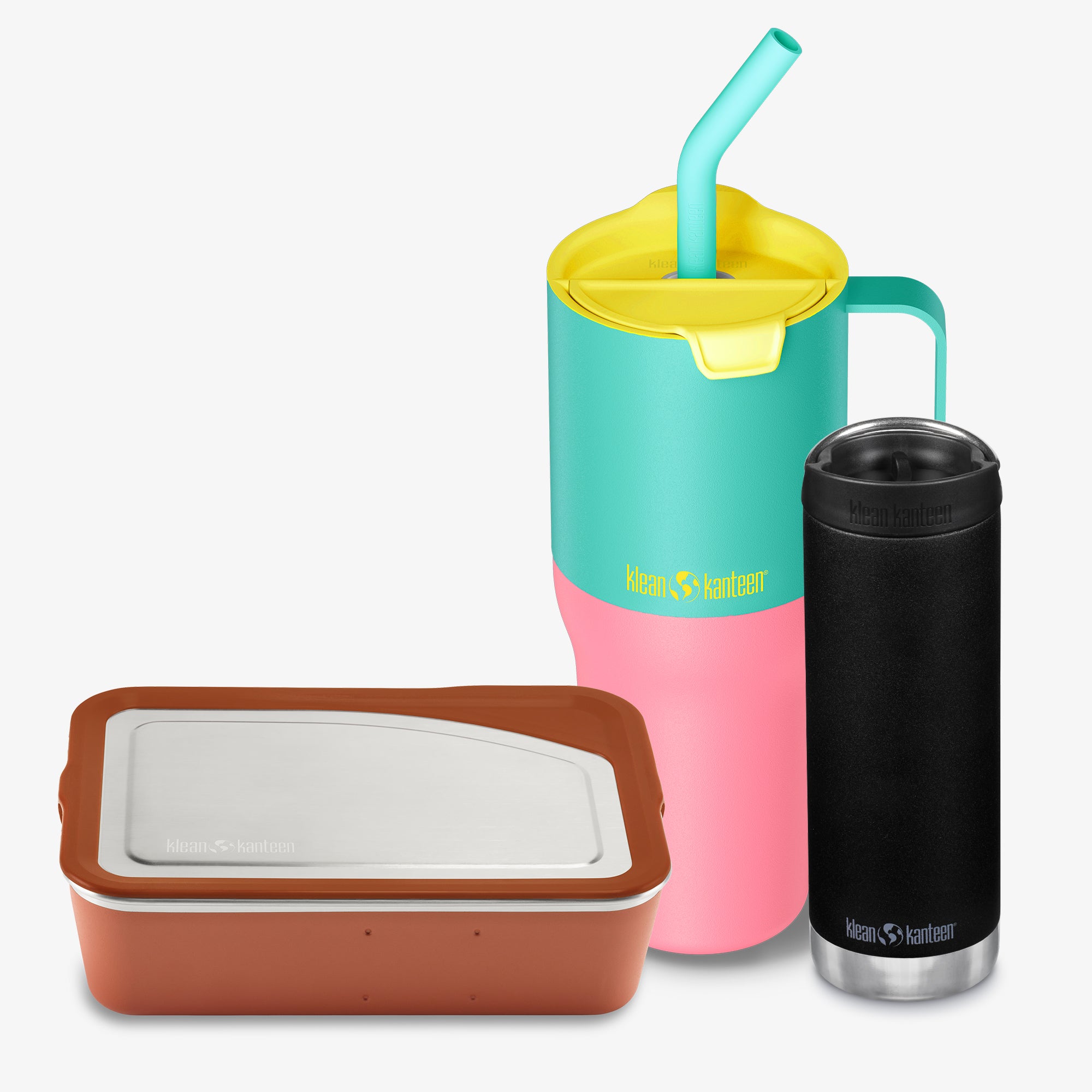Three insulated containers with colorful designs on a white background