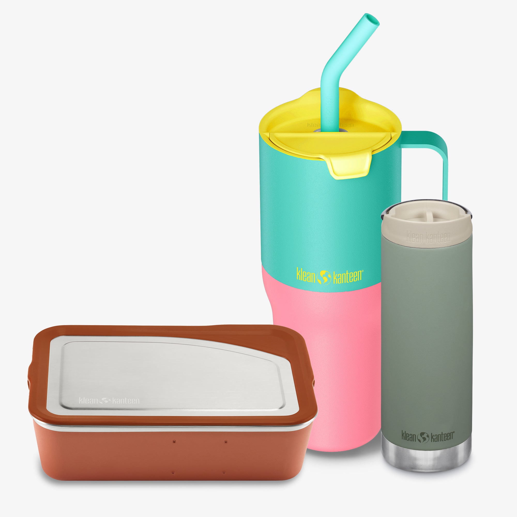 Colorful insulated containers with a straw lid and a thermos on a white background