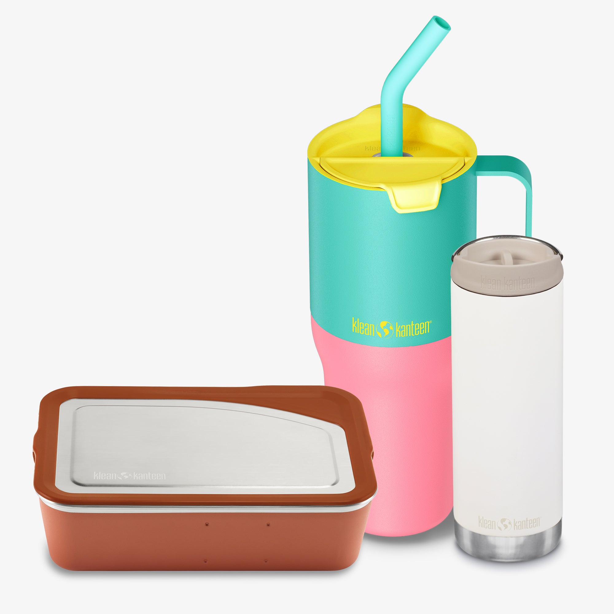Colorful reusable cups and a container with a visible brand logo on a white background