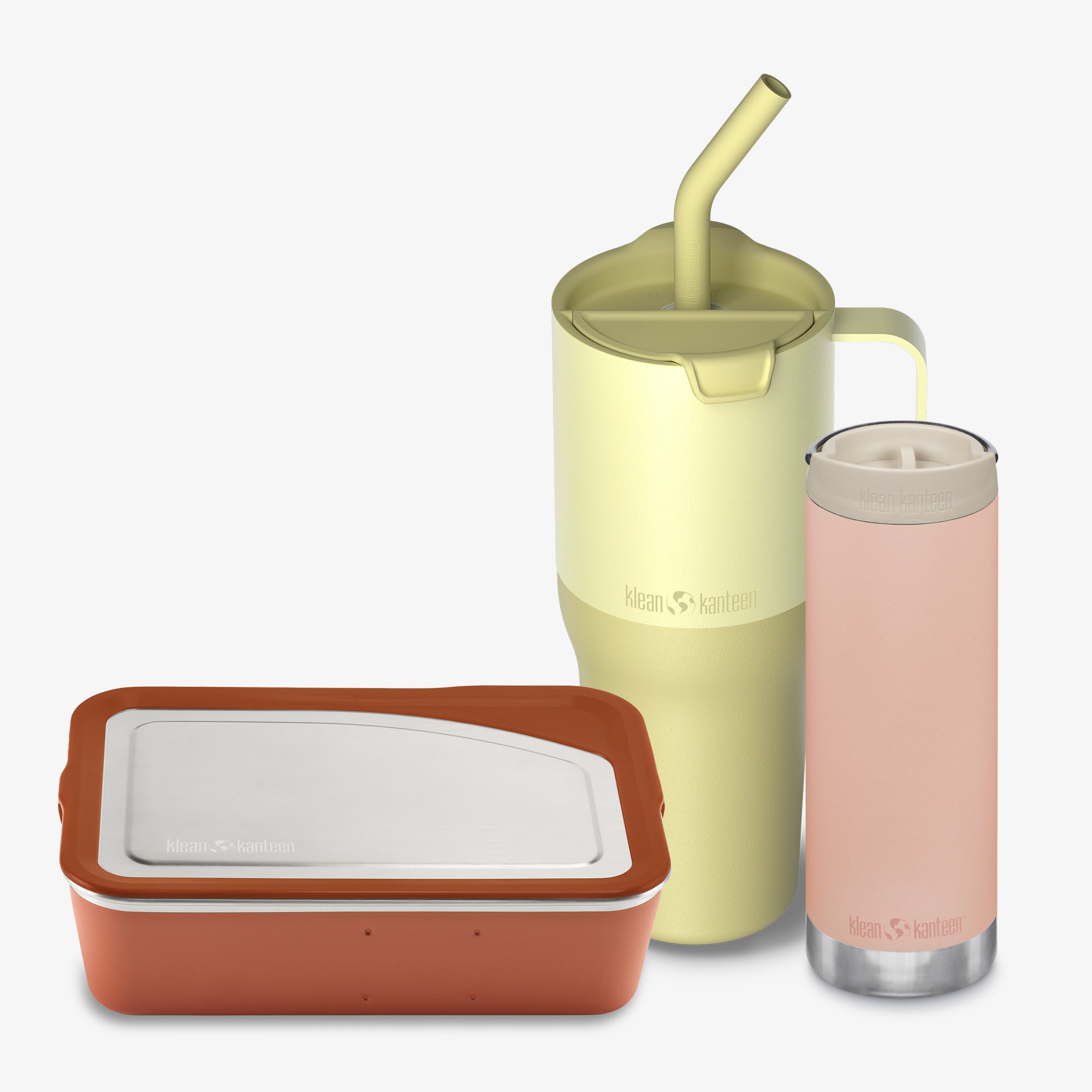 Set of insulated containers with a yellow tumbler and pink bottle on a white background