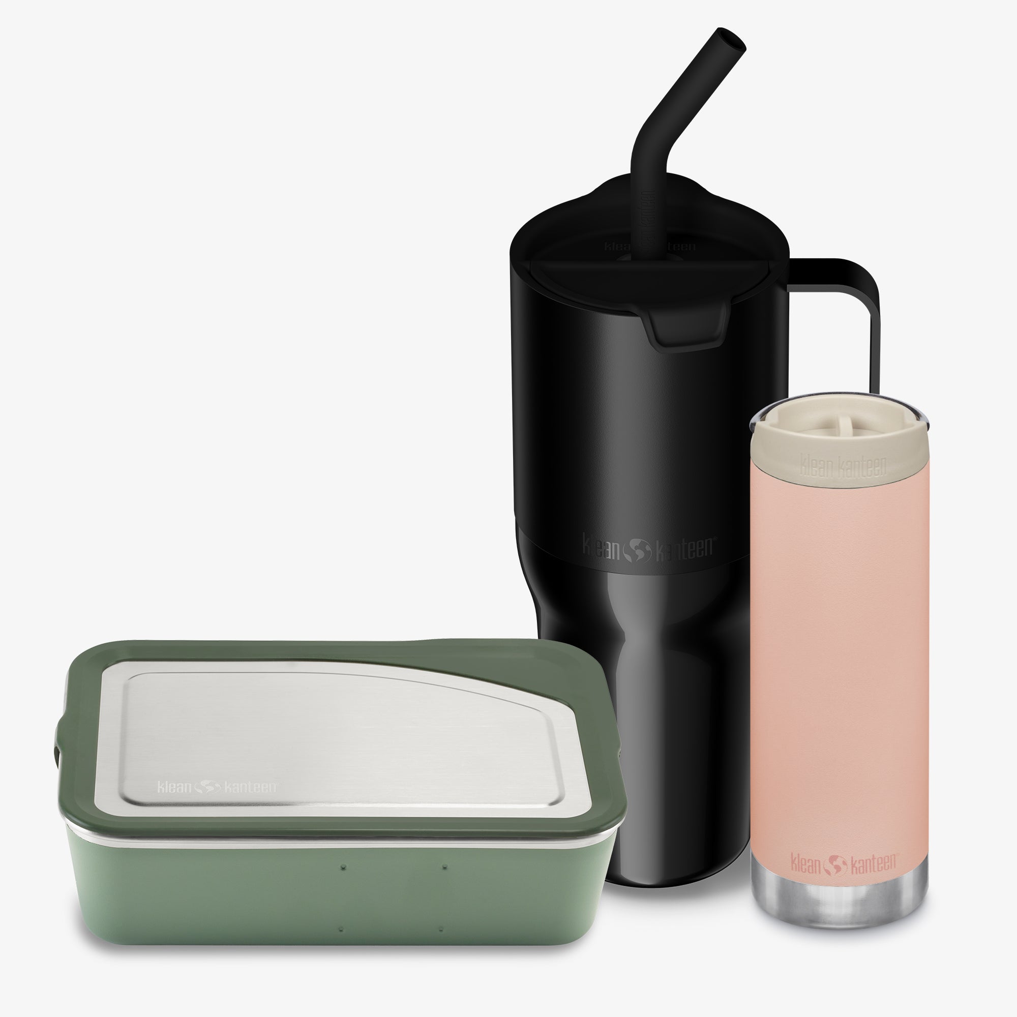 Set of reusable containers including a black insulated cup, pink tumbler, and green food container on a white background.