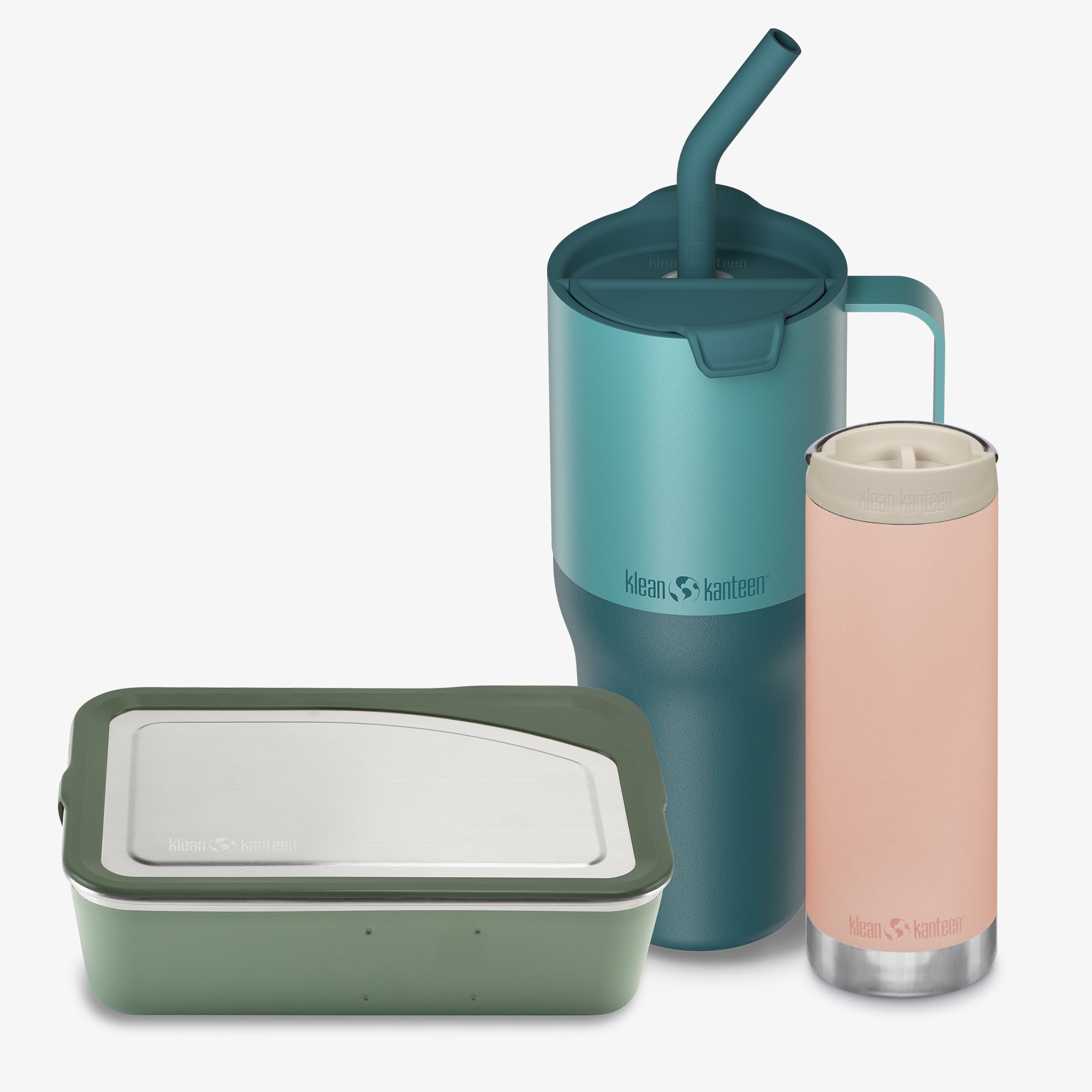 Two insulated containers, one green and one pink, with a blue container featuring a straw lid on a white background.