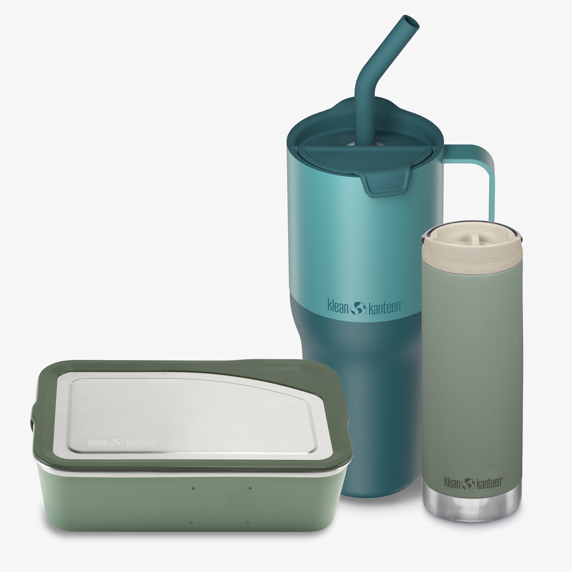 Three Klean Kanteen products including a insulated tumbler, a container, and a travel mug on a white background.