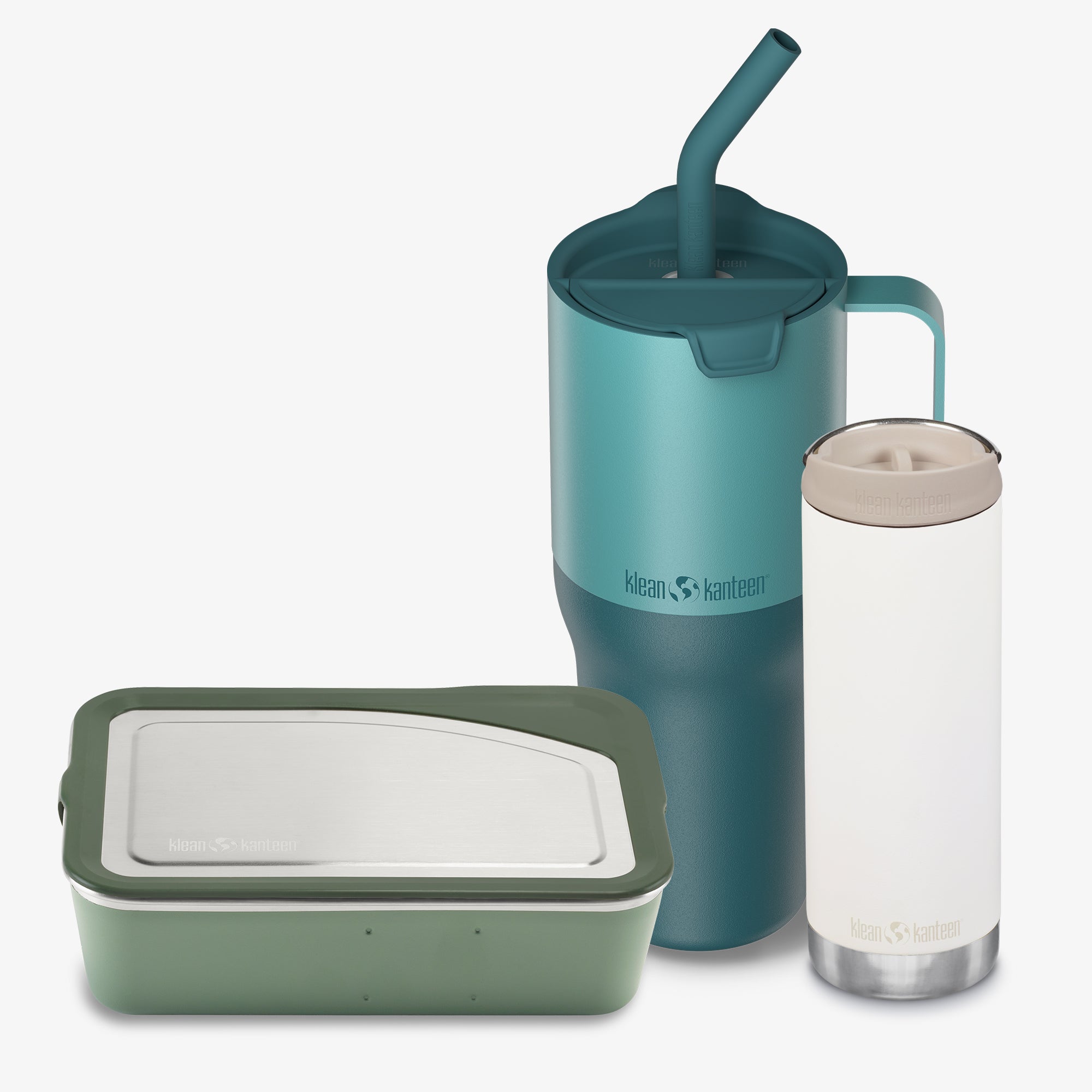 Klean Kanteen tumbler, bottle, and food container on a white background