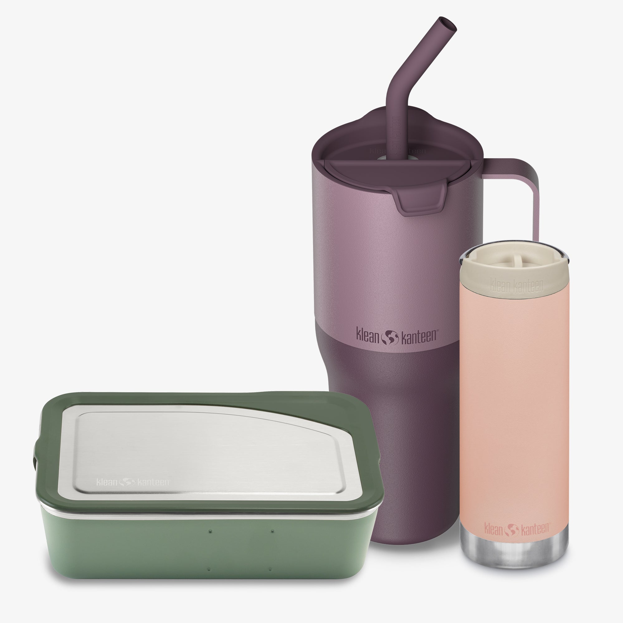 Set of Klean Kanteen products including a purple tumbler, pink insulated cup, and green food container on a white background.