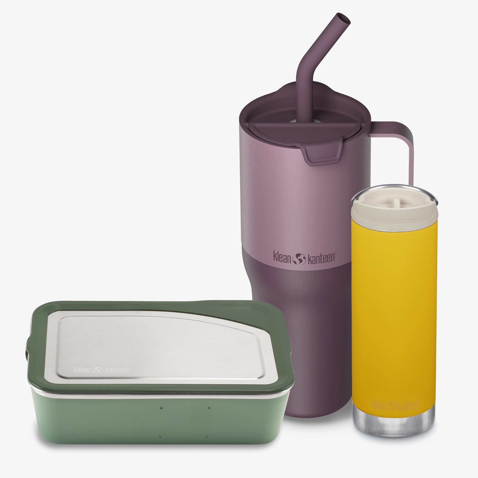 Purple tumbler with straw, yellow tumbler with white lid, and green container on a white background