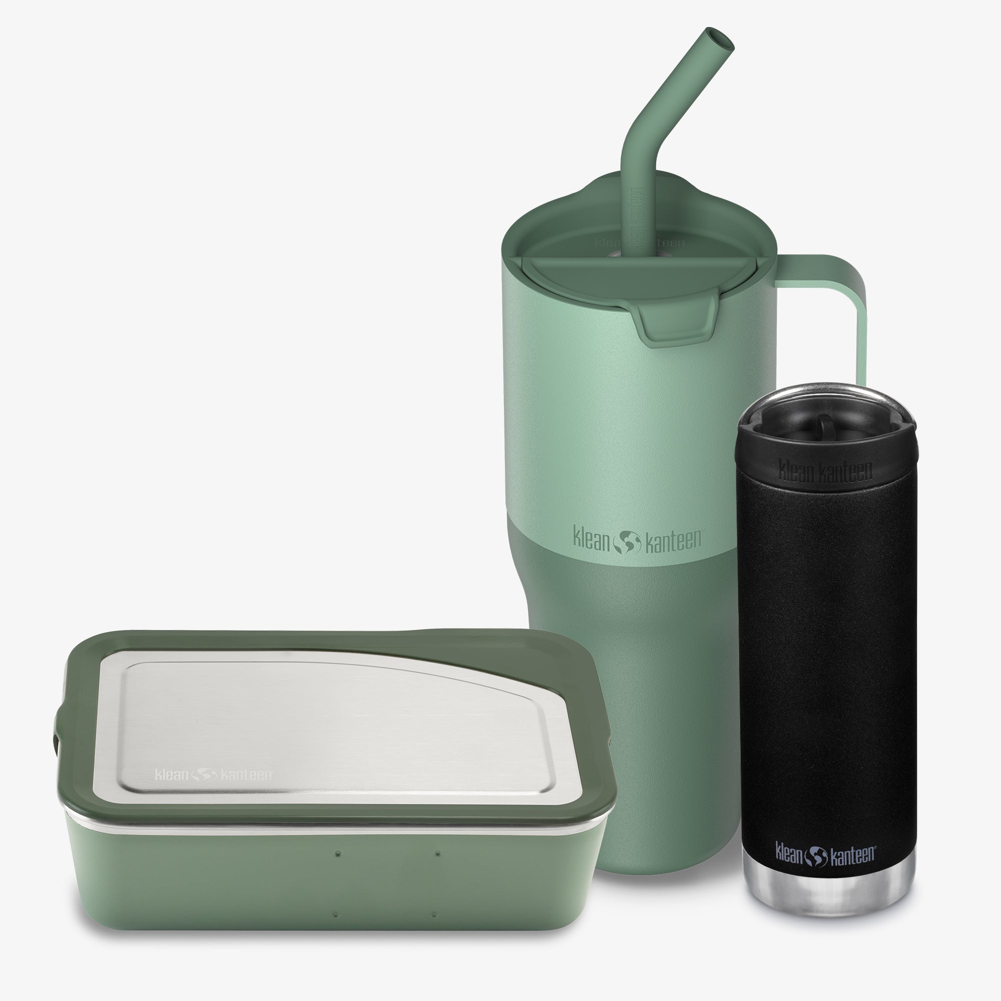 Set of green and black insulated containers with a straw lid on a white background