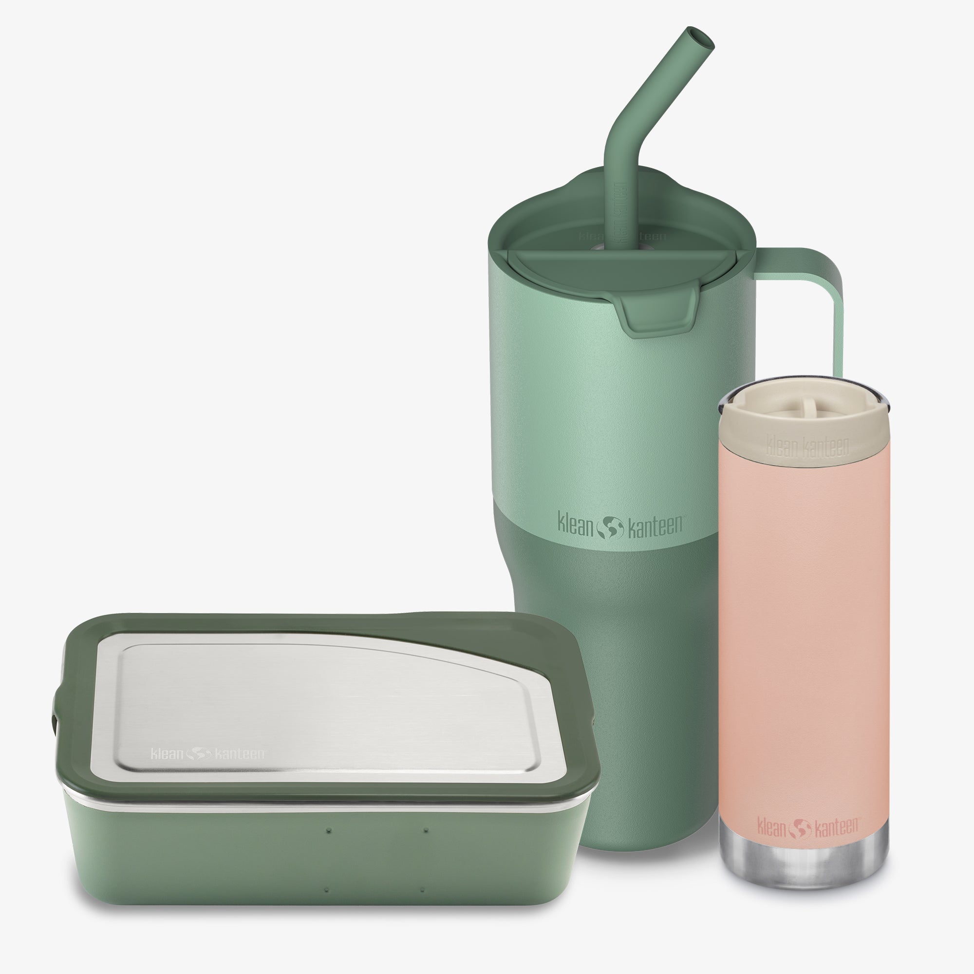 Set of three Klean Kanteen products including a tumbler, a container, and a bottle on a white background.