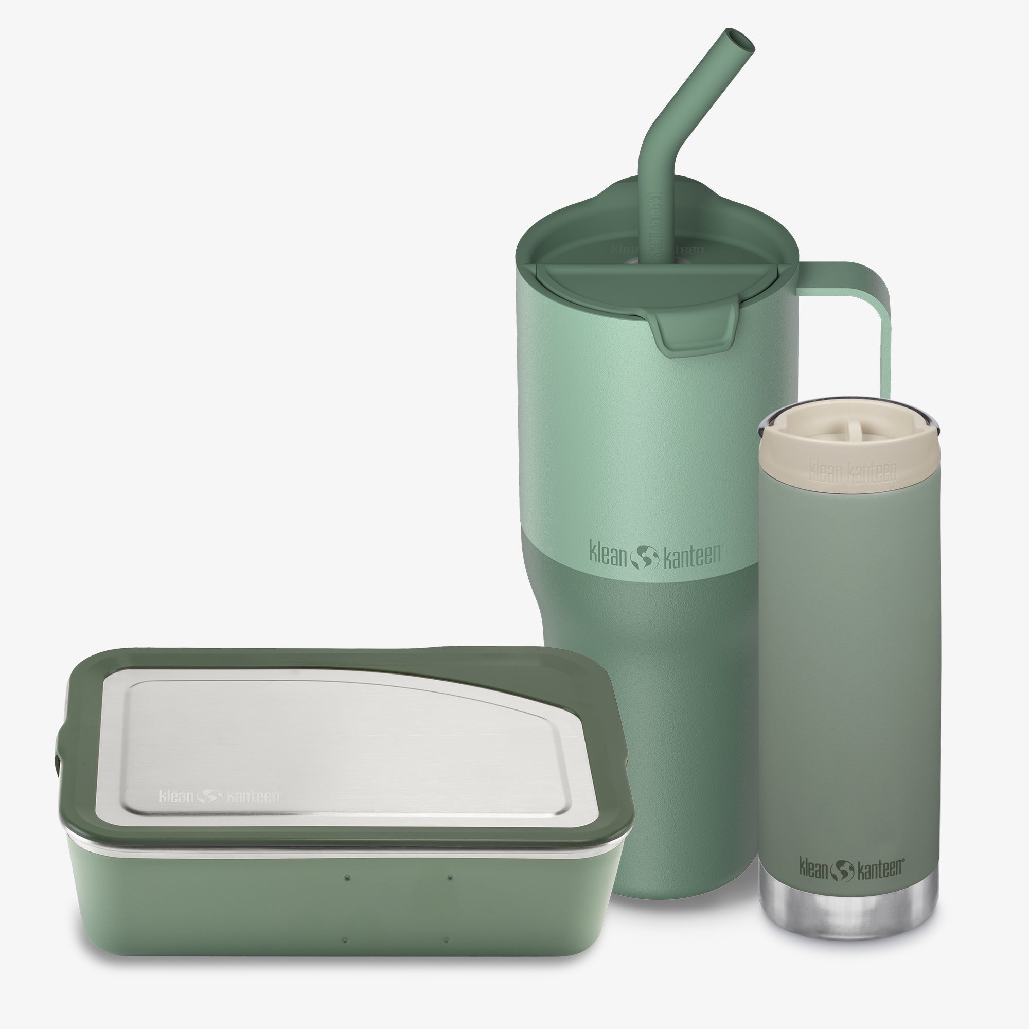 Set of green insulated containers with a lid and a straw on a white background