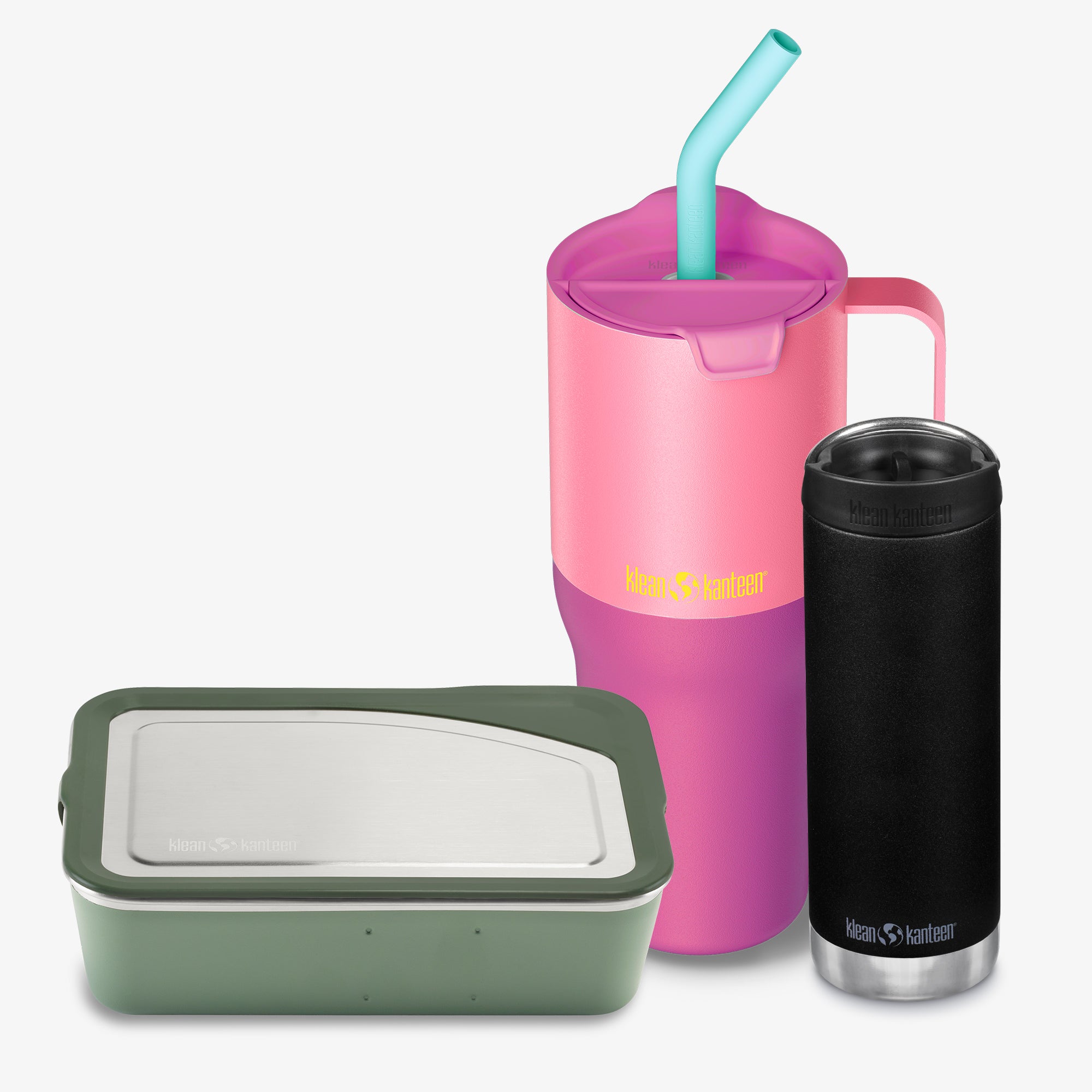 Pink tumbler with straw, green food container, and black insulated bottle on a white background