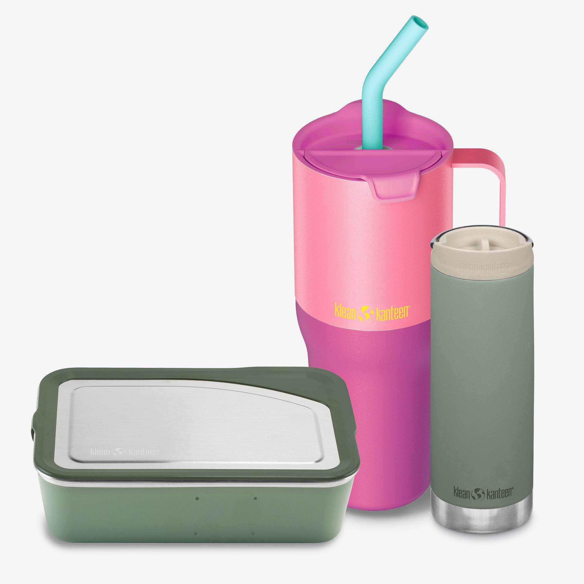 Pink tumbler with straw, green container, and gray insulated cup on a white background