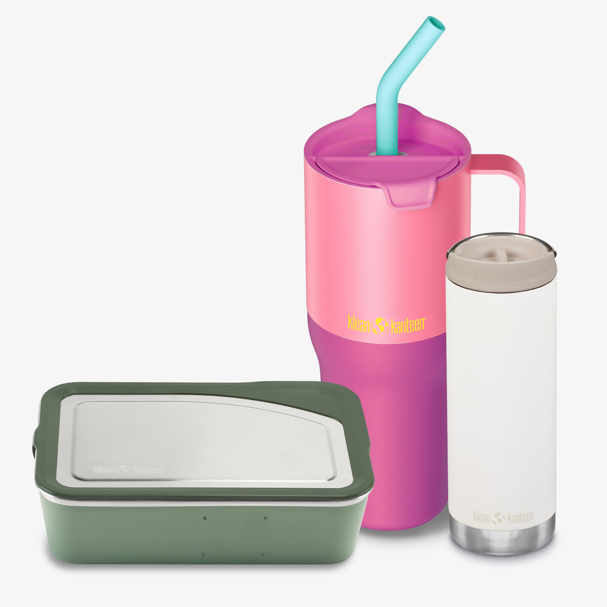 Pink tumbler with straw, green container, and clear bottle on a white background