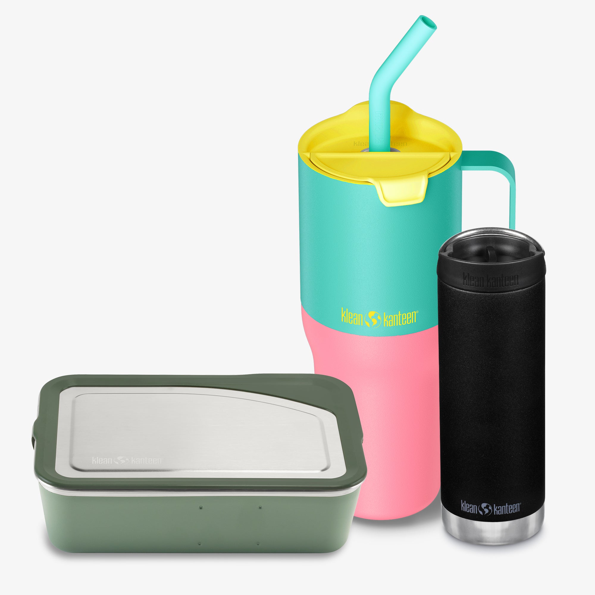 Set of reusable containers with a pink and teal tumbler, black insulated bottle, and green container on a white background.