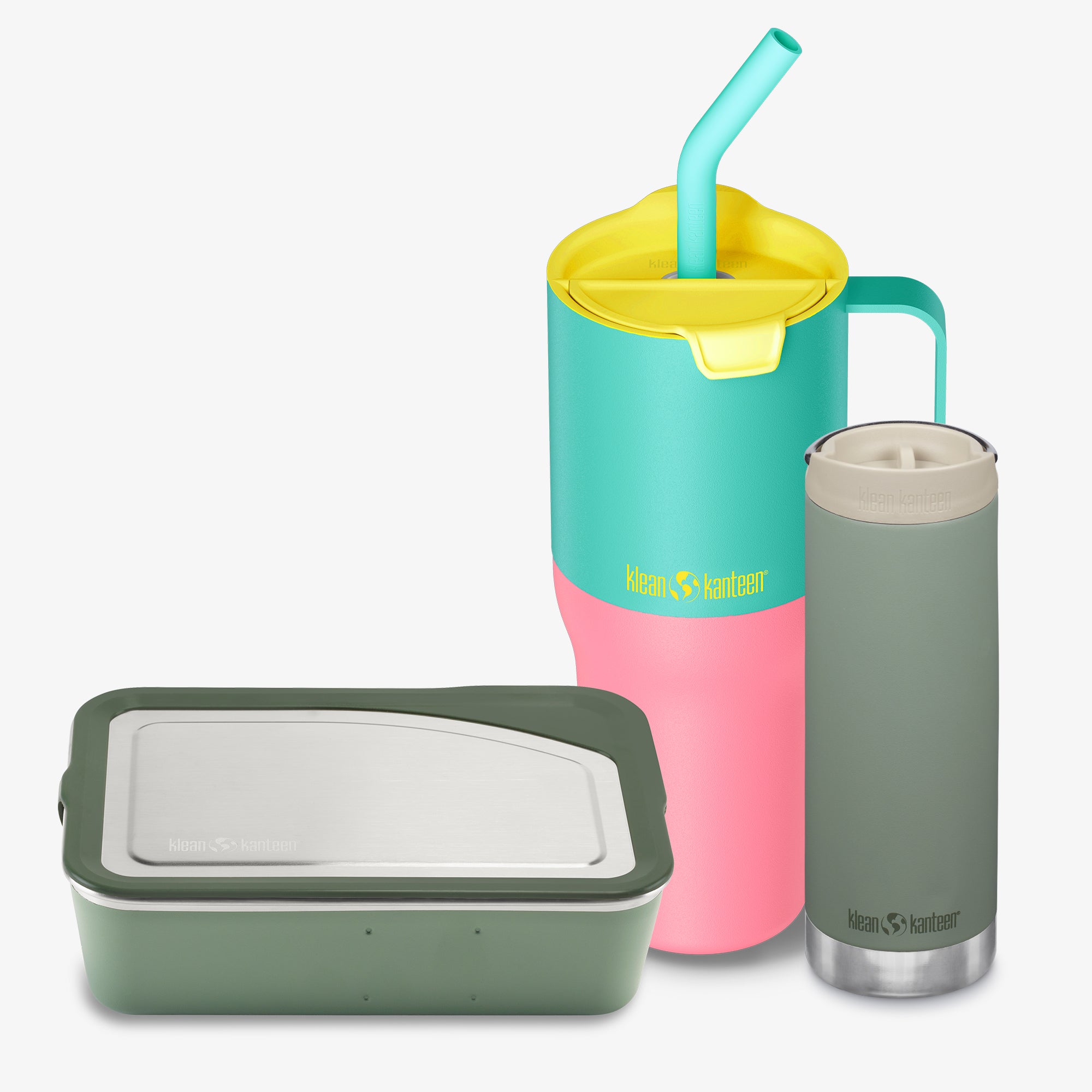 Set of colorful tumblers and a lunch box with a visible brand on a white background