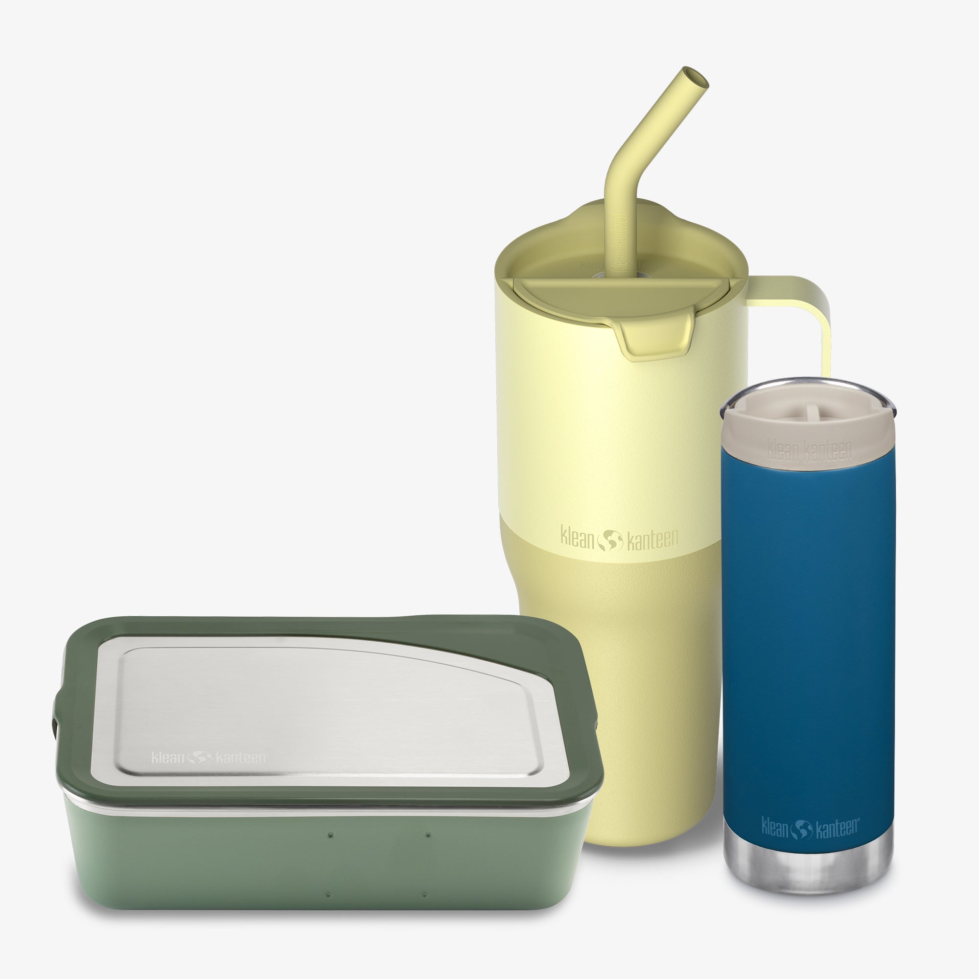 Set of insulated containers with a yellow tumbler and blue bottle on a white background