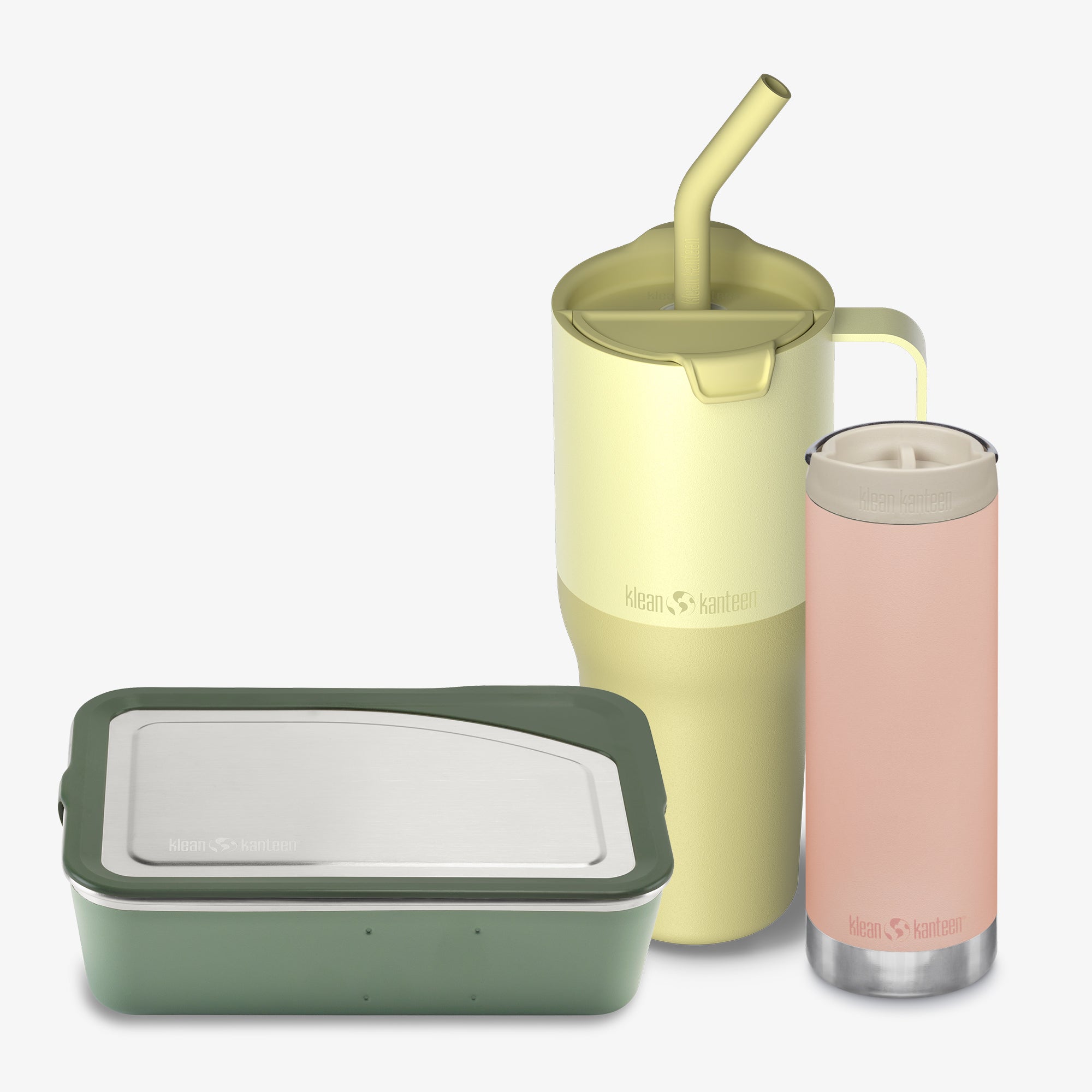 Two insulated cups and a food container with a lid on a white background