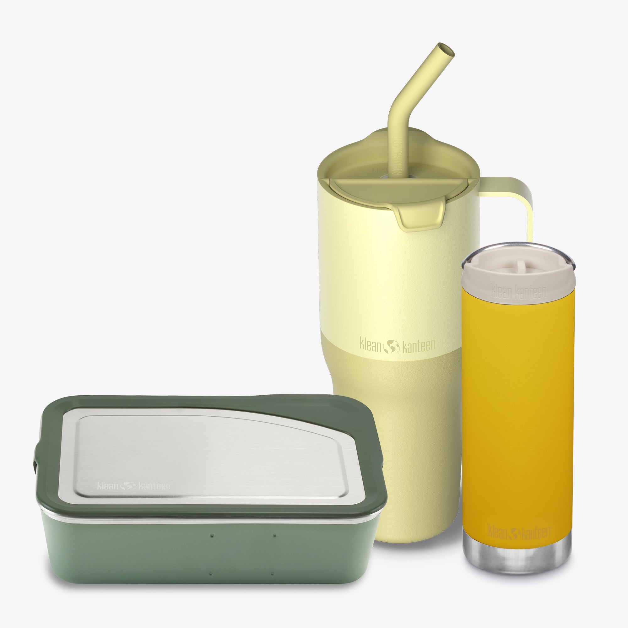 Set of a green container, yellow tumbler with straw, and orange cup on a white background