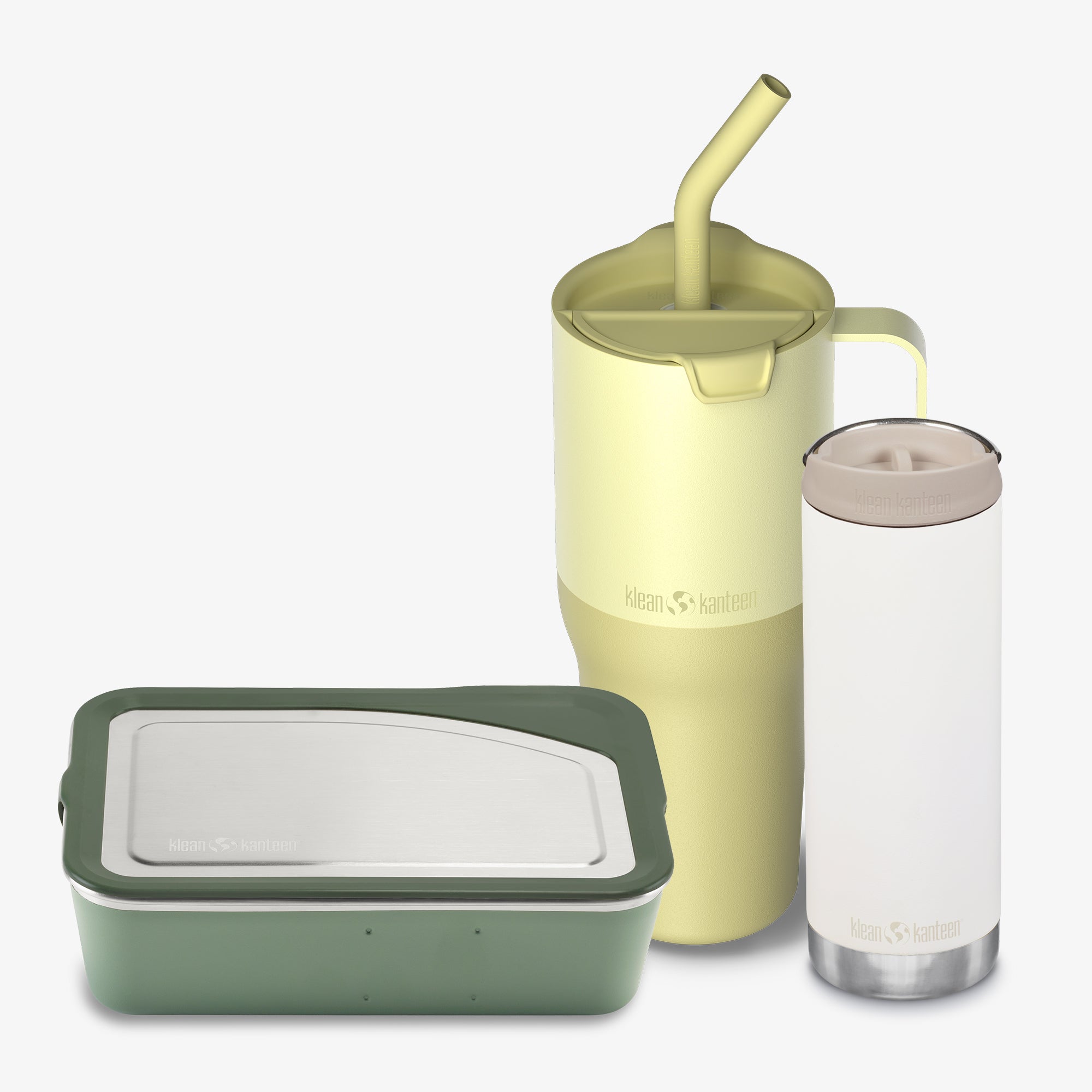 Set of reusable containers with a green lid, yellow tumbler with straw, and clear bottle with white cap on a white background.