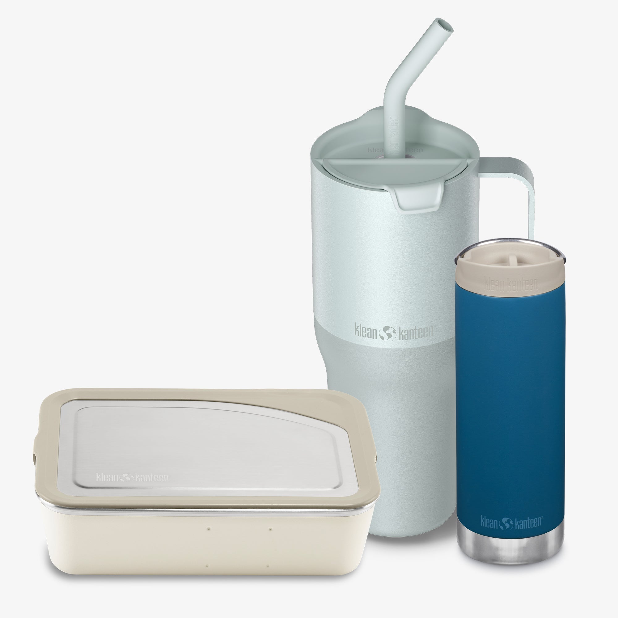 Set of reusable containers with a pitcher and tumbler on a white background