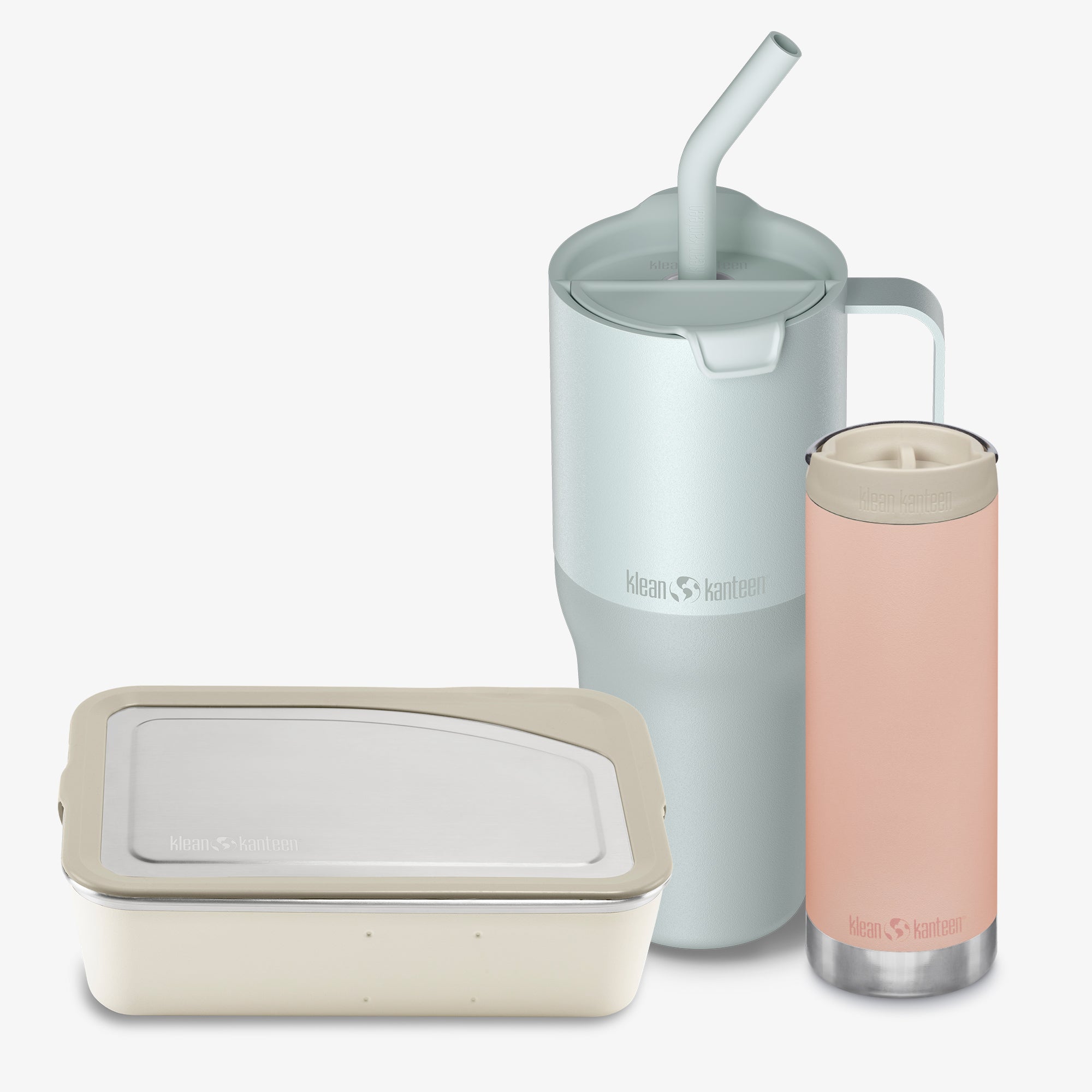 Set of reusable containers with a pitcher, jar, and container on a white background