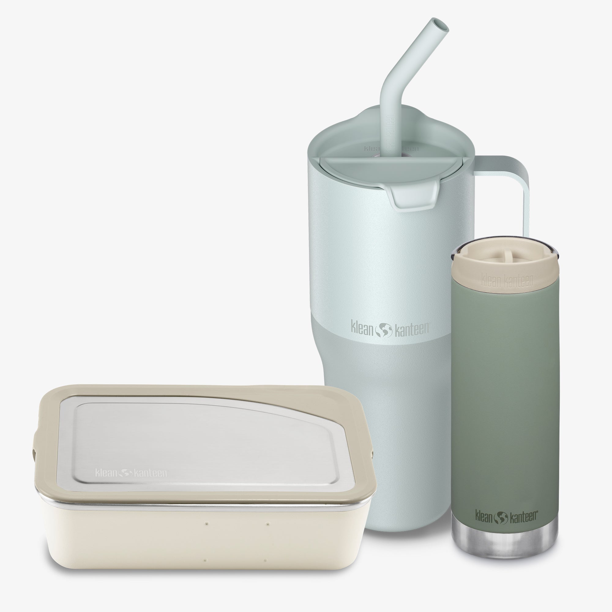 Set of reusable containers with a pitcher and tumbler on a white background