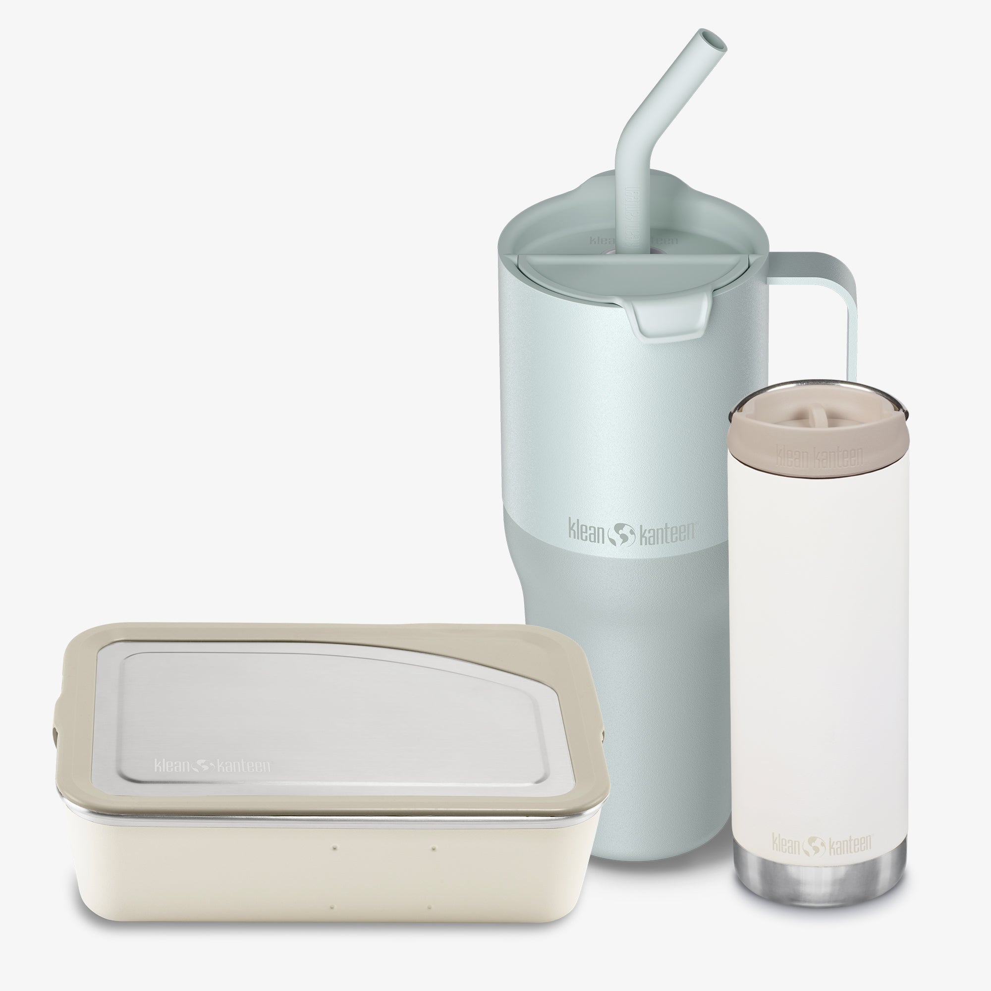 Set of reusable containers with a pitcher and tumbler on a white background
