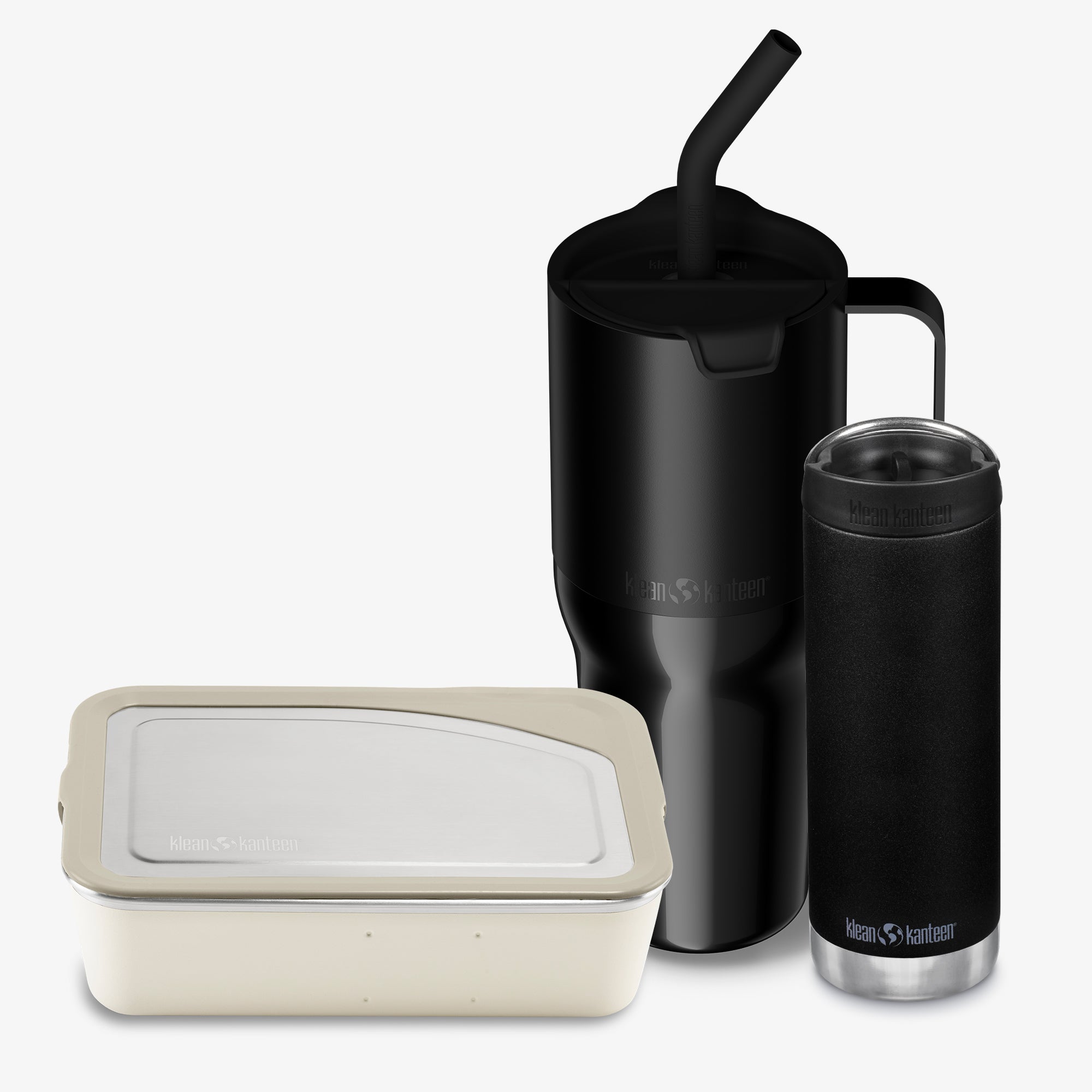 Black insulated mug and tumbler with a beige container on a white background