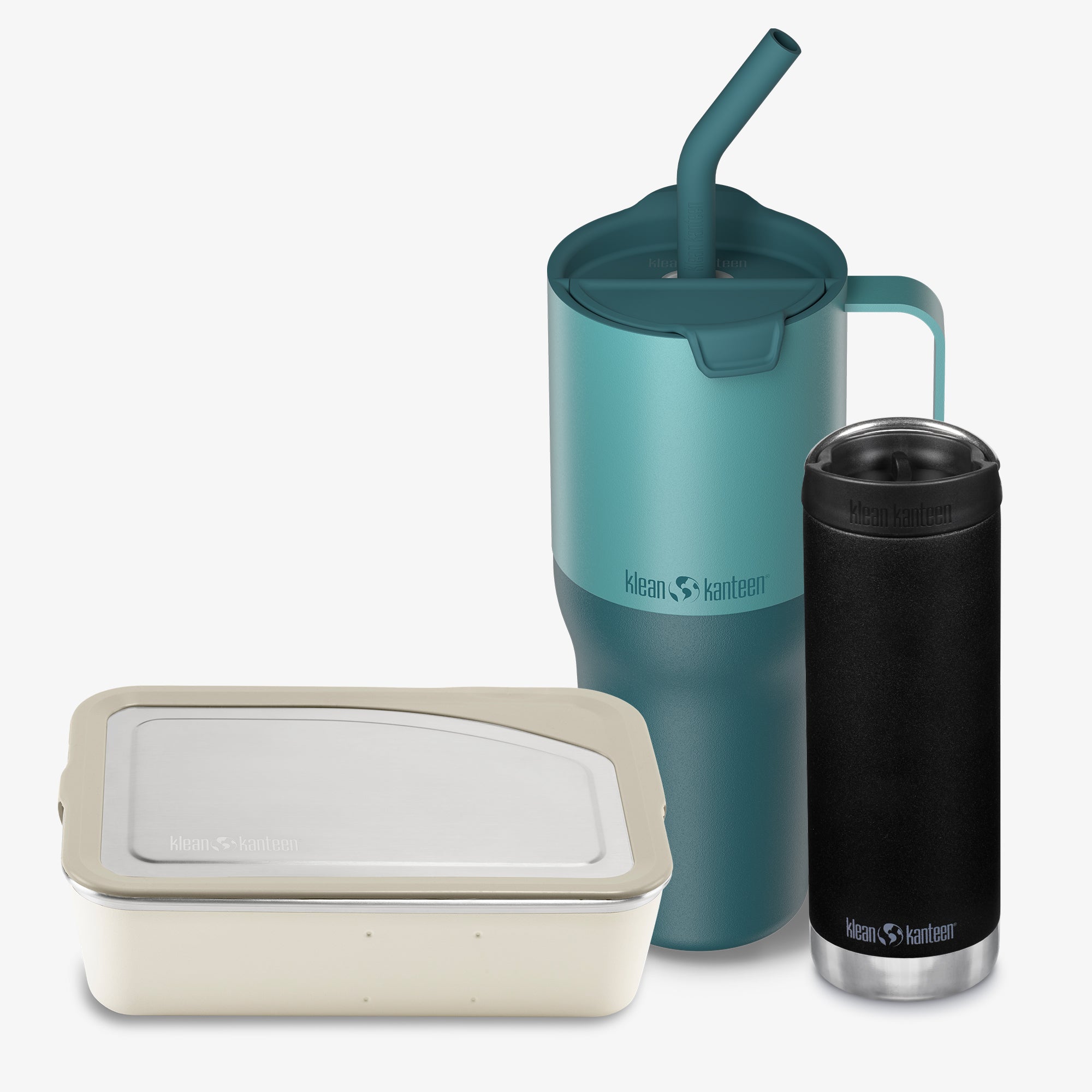 Three Klean Kanteen products including a teal insulated cup with straw, a black insulated tumbler, and a beige food container on a white background.