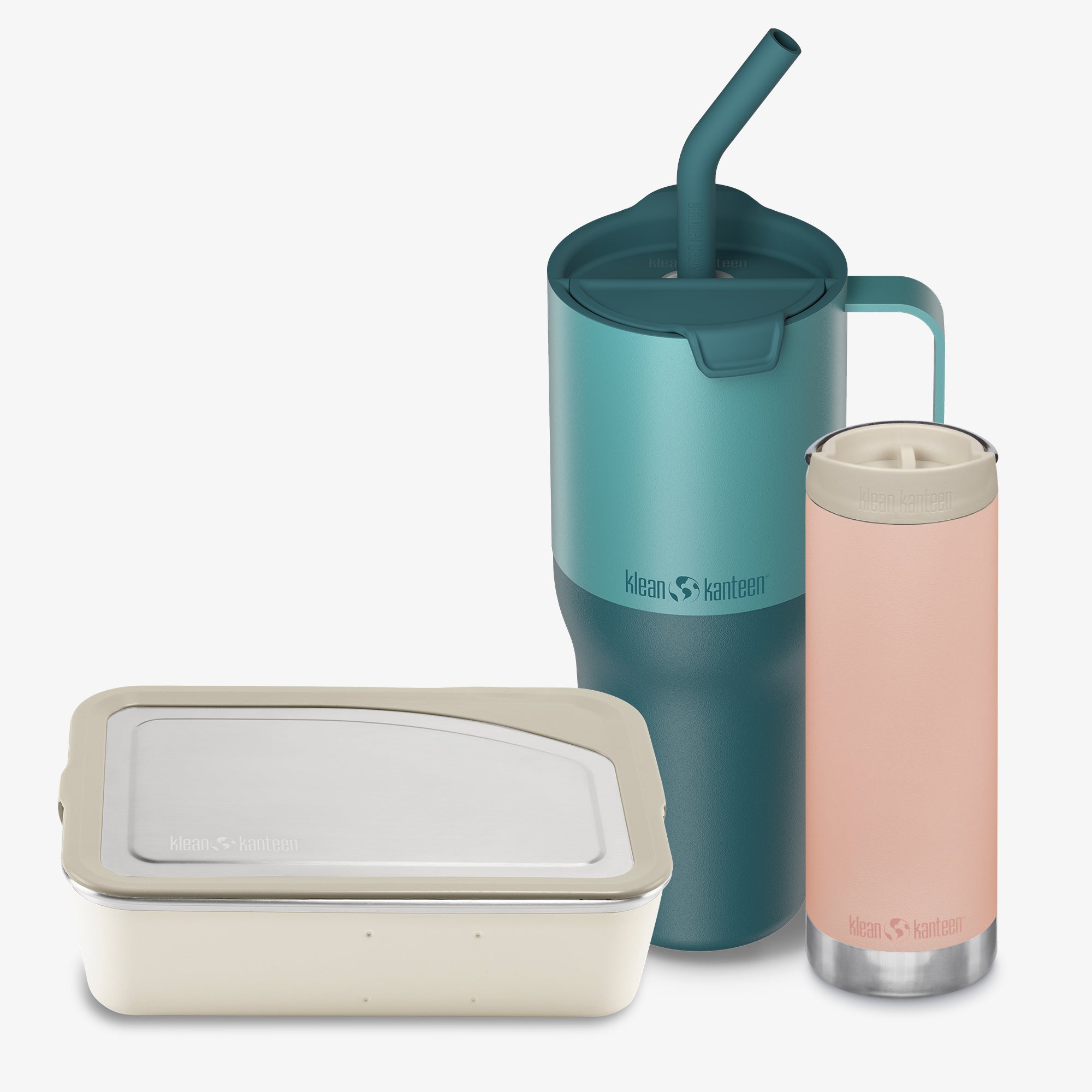 Klean Kanteen insulated tumbler, pink travel mug, and beige container on a white background