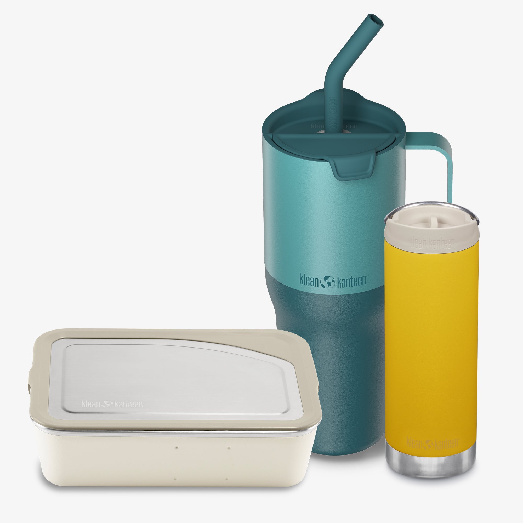 Klean Kanteen insulated tumbler with straw lid and container on a white background