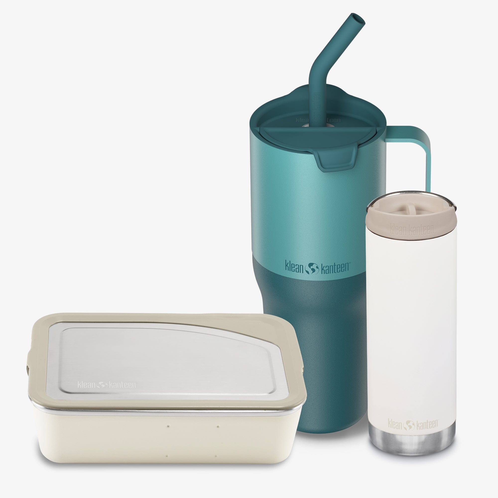 Klean Kanteen insulated tumbler, bottle, and food container on a white background