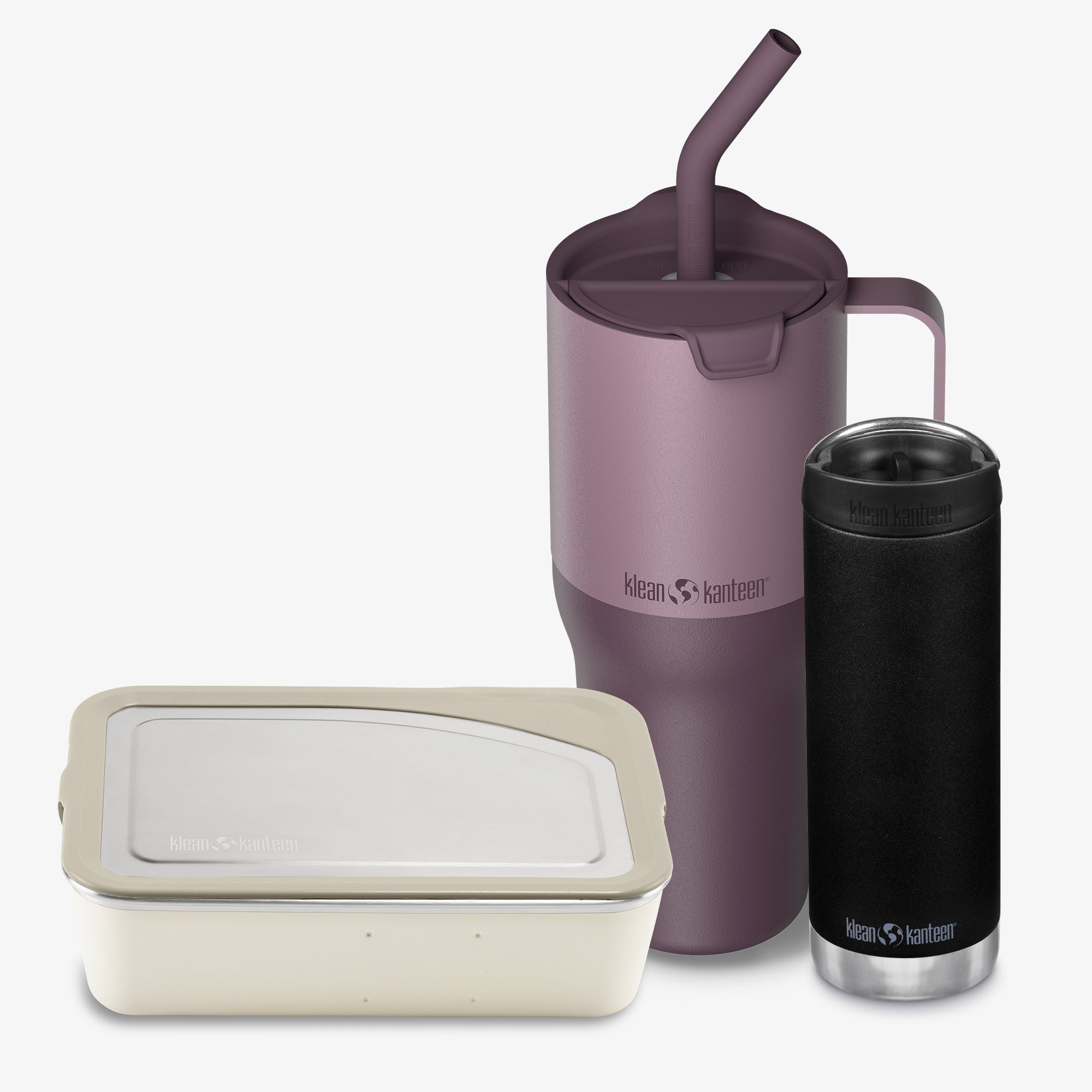 Set of Klean Kanteen products including a tumbler, bottle, and container on a white background