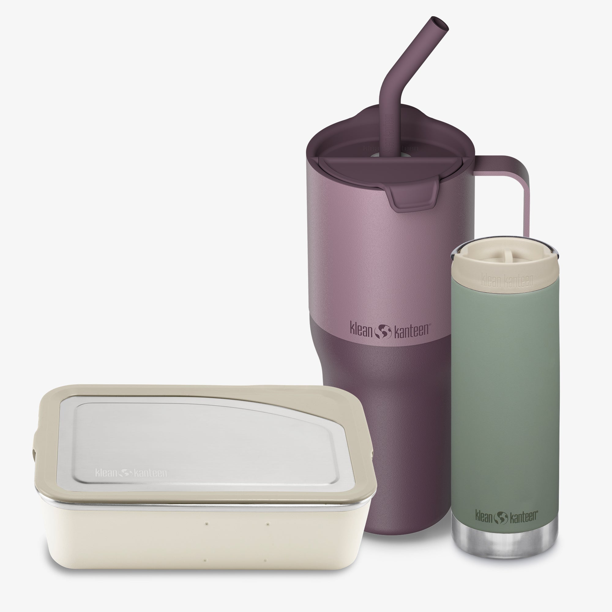 Two insulated tumblers and a food container with Klean Kanteen branding on a white background.