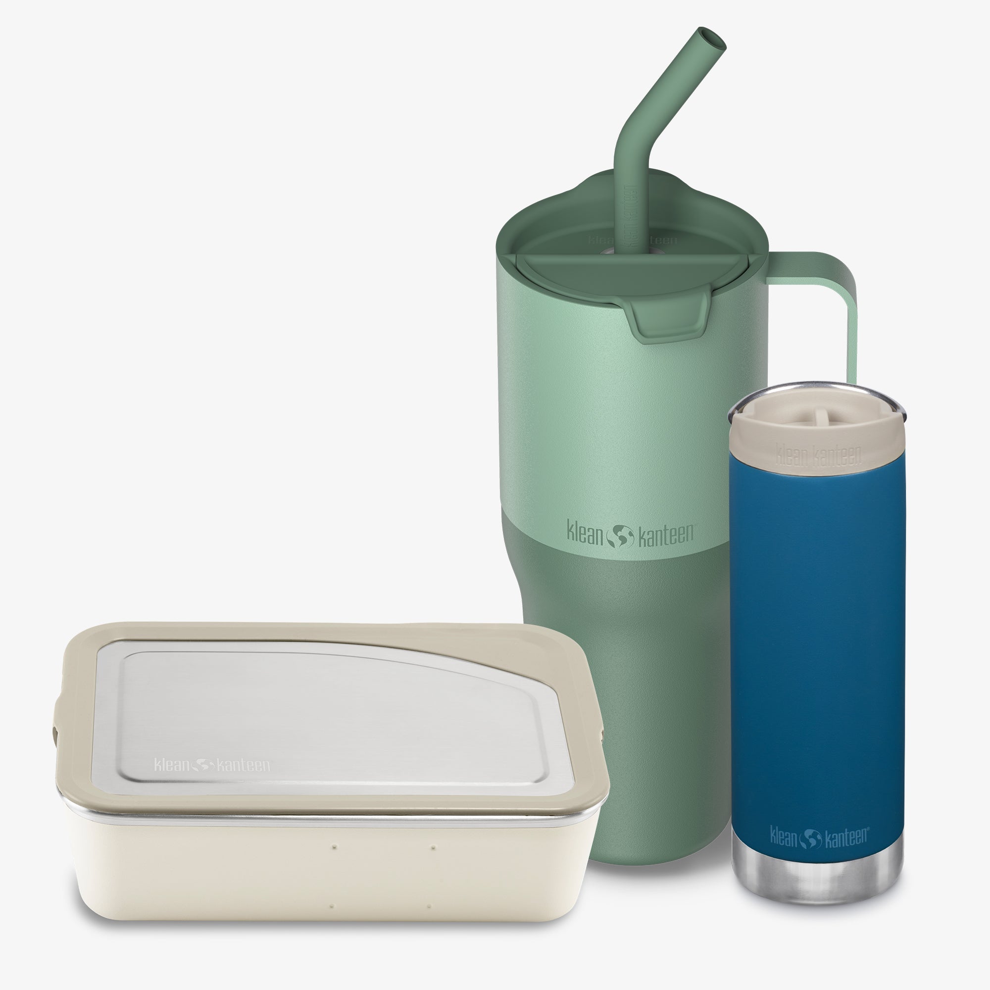 Set of Klean Kanteen products including a green insulated tumbler with straw, a blue insulated bottle, and a beige food container on a white background.