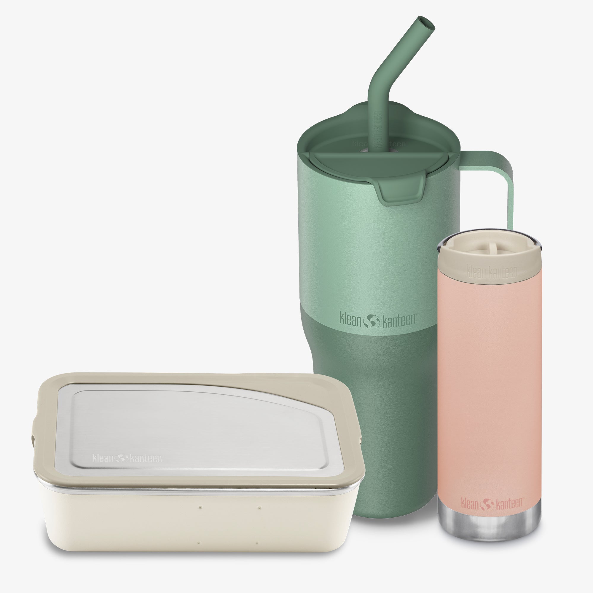Set of Klean Kanteen products including a green insulated tumbler with straw, a pink insulated bottle, and a beige food container on a white background.