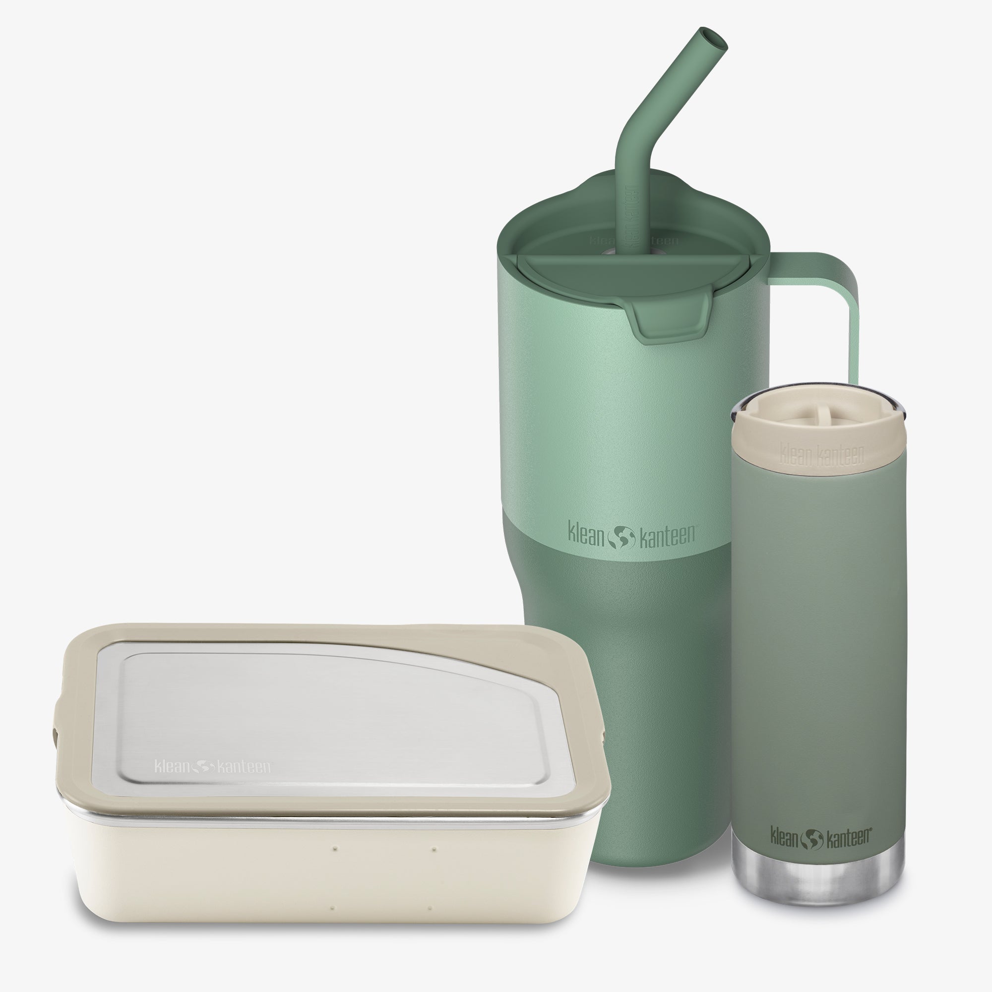 Set of green and beige insulated containers with a straw lid on a white background