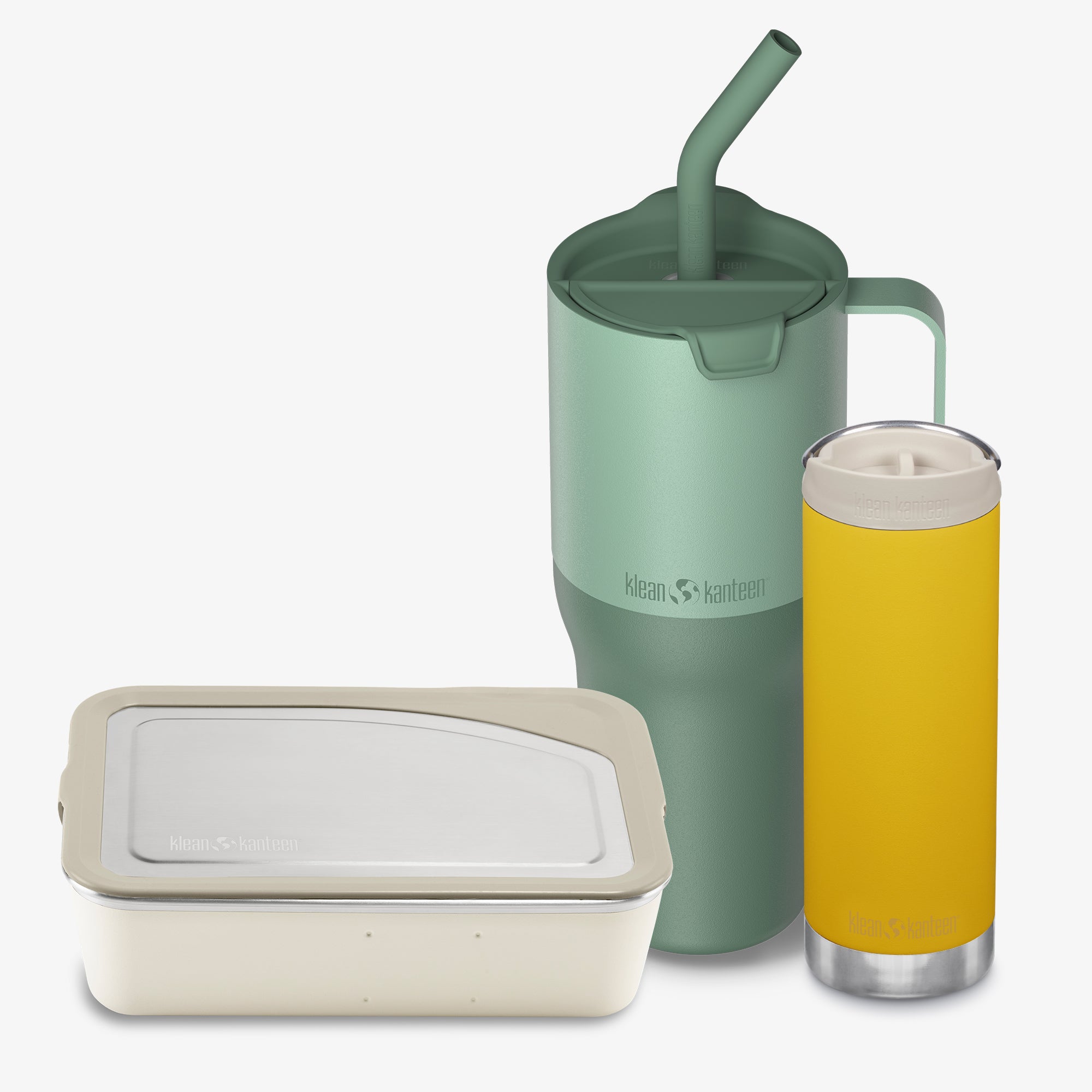 Set of Klean Kanteen products including a green insulated tumbler with straw, a yellow insulated cup, and a beige container on a white background.