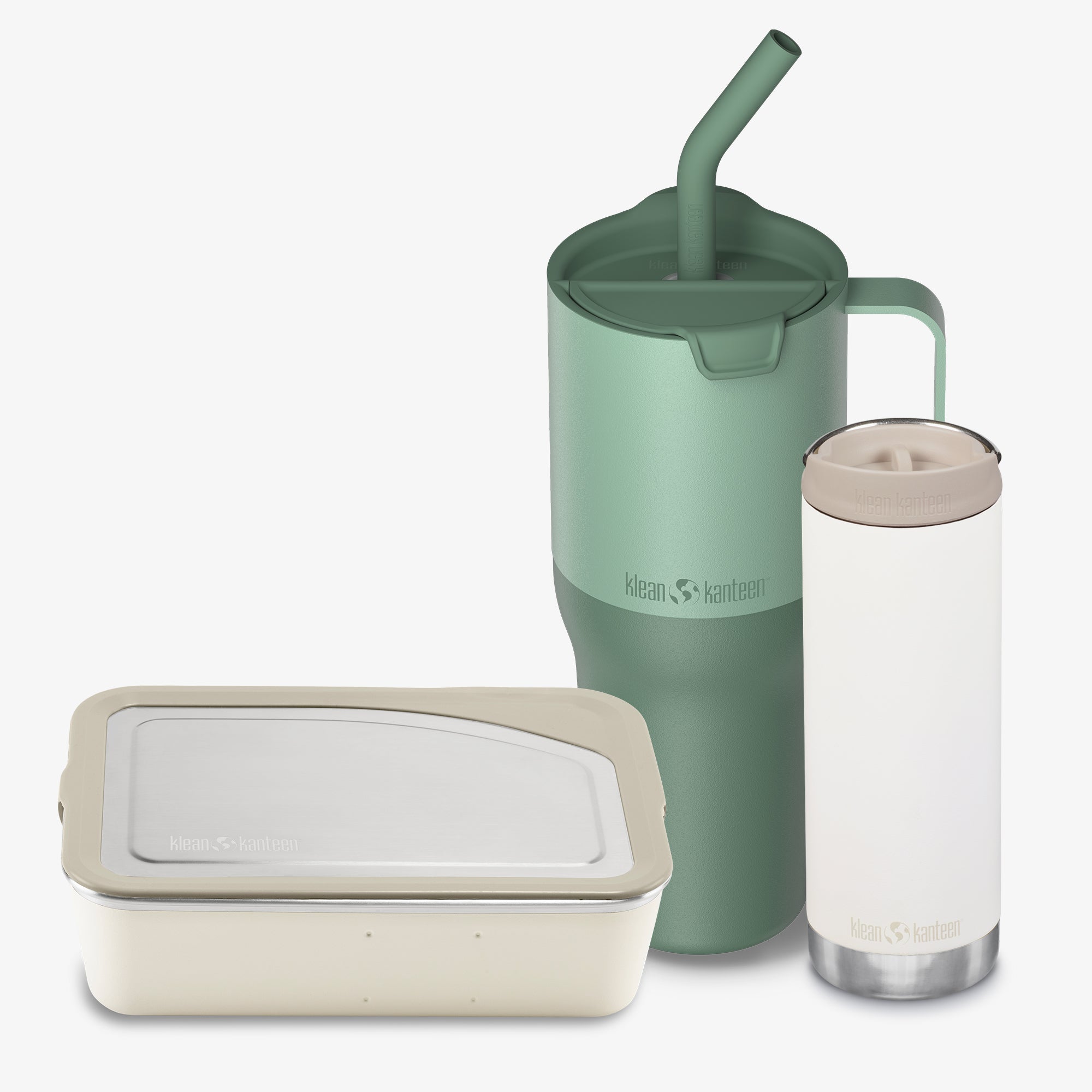 Set of Klean Kanteen products including a tumbler, bottle, and container on a white background